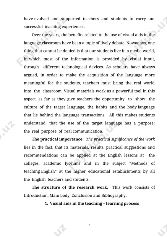 act, that its materials, results, practical suggestions and recommendations can be applied at the english lessons at the colleges, academic lyceums and in the subject “methods of teaching english” at the higher educational establishments by all the english teachers and students. the structure of the research work. this work consists of introduction, main body, conclusion and bibliography. 1. visual aids in the teaching – learning process nowadays, the teaching of english language must respond according to the development of updated teaching techniques. it is known that learners need extra instruction for them to understand better contents, and comprehend a second language. when teaching english, educators must find ways to exemplify and clarify contents to reach different kinds of learners. for this reason, the design and management of visual aids take an important role for the development of linguistic skills in the target language inside the efl classroom. visual aids have …