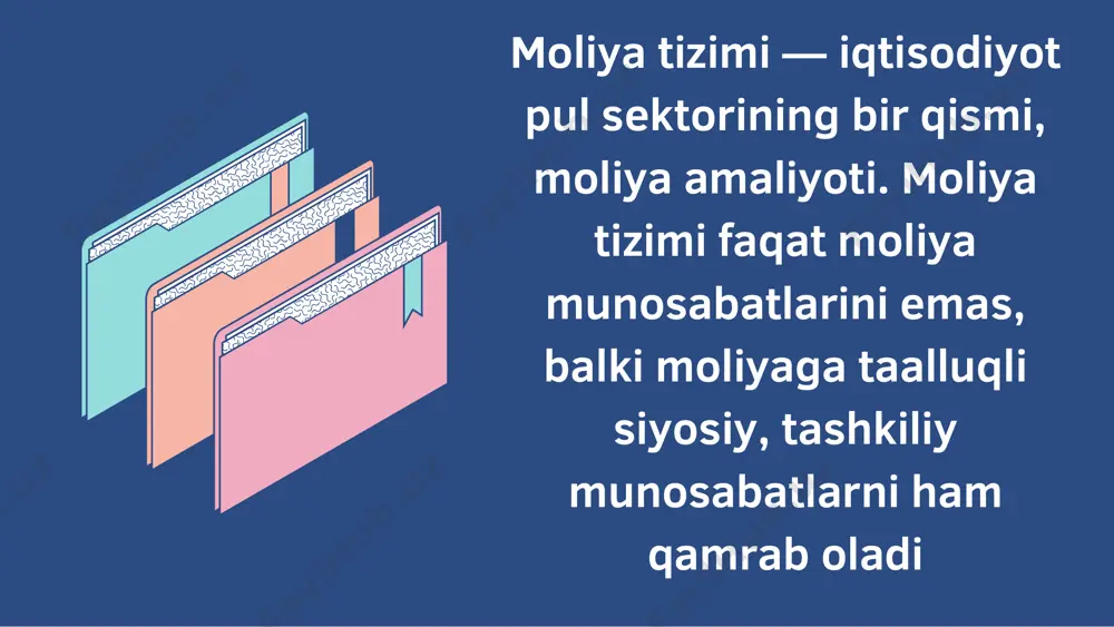 batlantiruvchilik vazifasi, birinchidan, yaratilgan mahsulot qiymatini taqsimlash jarayoni orqali, ikkinchidan, pul fondlarini tashkil qilish va sarflash mexanizmi orqali amalga oshiriladi. 3. moliyadan ishlab chiqarish, taqsimlash va isteʼmol ustidan nazorat qilish vositasi sifatida foydalaniladi. moliyaviy nazorat korxona (firma)larning moliya intizomiga rioya qilish uchun moddiy javobgar boʻlish tizimi, turli soliqlar undirib olish va mablagʻ bilan taʼminlash tizimi orqali amalga oshiriladi. 4. item 1 20% item 2 20% item 3 20% item 4 20% item 5 20% moliyaviy tizim individual shaxslar (shaxsiy moliya), korxonalar (biznes moliya) va hukumatlar (jamoat moliyasi) o'rtasidagi kapital oqimlarini o'z ichiga oladi. moliya investorlar va sarmoyachilardan mablag'larni muxtoj tijoratlarga oldi-berdi harakatini o'rganadi. agar investor foydali ishlab chiqarishga sarmoya kiritsa bu hissasidan foiz hisobida ulush yoki dividendlar oladi. shaxslar, korxonalar va hatto hukumatlar o'z faoliyati uchun zarur bo'lgan pul mablag'larini tashqi jamg'armalardan oladi. etiboringiz uchun raxmat