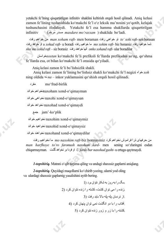 aniq, qat’iy ekanligini bildiradi. aniq kelasi zamon fe’li qo‘shma fe’l shaklida bo‘lib, ikki qismdan – yetakchi va ko‘makchi fe’ldan tashkil topadi. aniq kelasi zamon fe’li ko‘makchi fe’l sifatida kelgan خواستن xostan fe’lining hozirgi fe’l negizi ( خواه xoh) ga shaxs-son qo‘shimchalarini qo‘shish va undan so‘ng yetakchi fe’lning qisqartirilgan infinitiv shaklini keltirish orqali hosil qilinadi. aniq kelasi zamon fe’lining tuslanishida ko‘makchi fe’l o‘z leksik ma’nosini yo‘qotib, kelajak tushunchasini ifodalaydi. yetakchi fe’l esa hamma shakllarda qisqartirilgan infinitiv (مسدر مرخم masdare mo‘raxxam ) shaklida bo‘ladi. من خواهم رفت man xoham raft- men boraman تو خواهی رفت to‘ xohi raft- sen borasan او خواهد رفت u xohad raft- u boradi ما خواهیم رفت mo xohim raft- biz boramiz شما خواهید رفت sho‘mo xohid raft – siz borasiz آنها خواهند رفت onho xohand raft- ular boradilar خواستنxostan ko‘makchi fe’li prefiksli fe’llarda prefiksdan so‘ng, qo‘shma fe’llarda esa, ot bilan ko‘makchi fe’l orasida qo‘yiladi. aniq kelasi zamon …