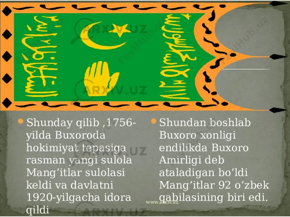 vob bergan. uchinchi sayisxona(molxona)si devoni. saroy otlari, xachir va tuyalari uchun lozim bo`lgan egaru-jabduq, graxband (bo`yinbog`), tumorcha, tabl (nog`ora), tablcho`p, qamchi, mo`g`lay, jig`a, gajjim, uzangi, yoping`ich va shunga o`xshash narsalarni tayyorlaydigan amaldor bo`lgan. to`rtinchi to`shaklar devoni. amir xazinasiga tushadigan narsalarni ro`yxatga olib, kiyim, qurol-aslaha va ularning sarf-xarajati uchun javob bergan. yettinchi darajadagi amallar yuqoridagilardan pastroq bo`lib, ular “kichik mushrif”, paygirnavis, devoni mahram(mahramlar devoni), devoni yasovul(yasovullar devoni) hisoblangan.94 sakkinchi darajadagi amallarga devoni sarkor muharriri(mirzosi), amlok mirzosi, voqeanavis, omborxona mirzosi kirgan. umarolarning mansablari quyidagicha bo`lgan. bu amallar sohiblarining amir huzurida alohida o`rinlari bo`lgan. i. “otaliq”. buxoroi sharif suvining idorasi, samarqanddan - qorako`lgacha bo`lgan suv taqsimoti uning qo`lida bo`lgan. buxoro mirobligi va dorug`aligi ham uning vazifasiga kirgan. eʼtiboringiz uchun rahmat image1.jpeg image2.jpeg image3.jpeg image4.jpeg image5.jpeg image6.jpeg image7.jpeg image8.jpeg