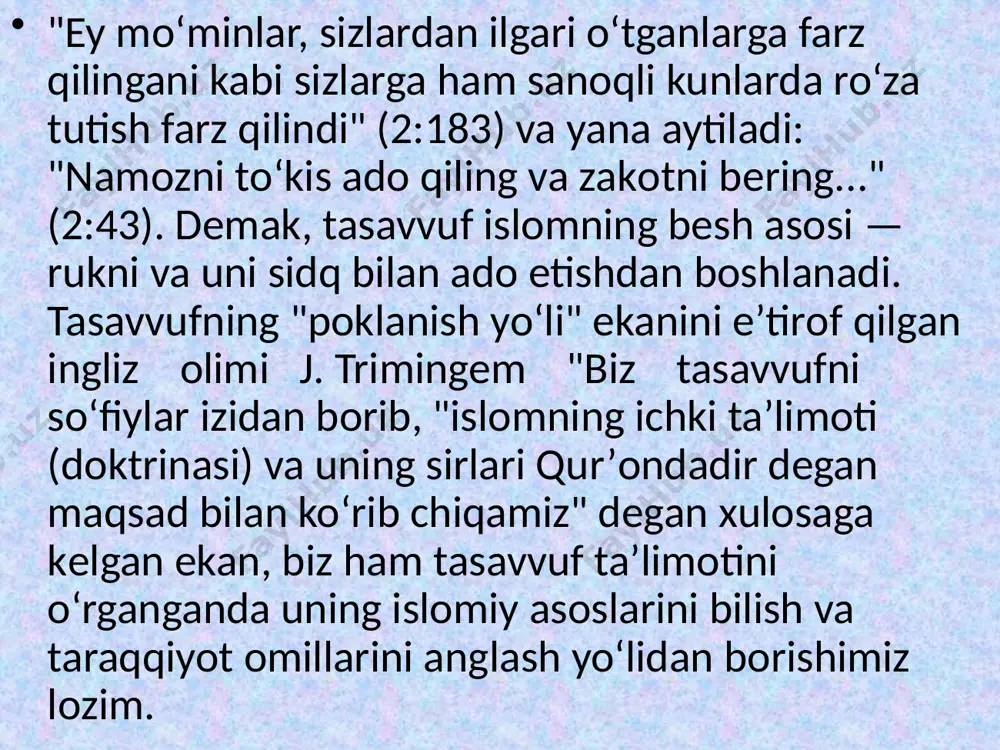 asarlarini yozgan. “shamoili muhammadiya” asari 40 bobdan iborat. unda muhri nubuvvat, rasululloh sollalohu alayhi vasallamning sochlari, sochlsrini taraganlari, ularning soqol va sochlariga tushgan oqlar haqida, surma iste`mol qilganlari, liboslari, uzuklari va uzuk taqishlari, qilichlari, zirra va qalqonlari, imoma, izor va ridolari, qanday yurish, oʻtirishlari, suyangan narsalari va suyenishlari, taom tanovul qilishlari va qanday nonga odat qilganlari, taomdan oldin va keyin oʻqiydigan zikr va duolari, suv ichadigan piyolalari, qaysi mevalarni tanovul qilganliklari, ichadigan narsalari, xushboʻy iste`mol qilishlari, xulq bilan soʻz qilishlari, kulishlari, hazillari, she`r haqida aytgan soʻzlari, kechqurunda qilgan hikoyalari, uyqulari, ibodatlari, qiroatlari, yigʻlaganliklari, va zorilari, toʻshab yotadigan yotoqlari, tavoze`lari, axloq va odati sharifalari, qortiq bilan qon oldirganliklari, nom va laqablaridan ba`zilari, hayot kechirishlari, muborak yoshlari, vafotlari, meroslari haqida bayon etiladi va paygʻambarimizni tushda koʻrmoqlik haqidagi hadislar keltiriladi. ibn abbоs rоziyallоhu anhu dеdilar: rasulullоh sоllallоhu alayhi vasallam oʻzlari va оnalarimiz - hammalari bir-ikki kеcha оch qоlishardilar. kеchqurun yеgani bir narsa tоpmas …