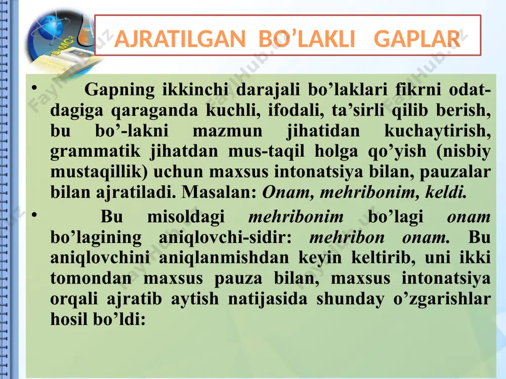ing aniqlovchisi bo’lib qo’llangan izohlovchi ajratilgan bo’ladi (bu olmoshlar bevosita odatdagi aniq-lovchilar bilan qo’llanmaydi): biz, terimchilar, va’damizning-ustidan chiqamiz! («s. uzb.») ajratilgan izohlovchi maxsus yordamchi (ya’ni so’zi) bilan qo’llanishi ham mumkin: difterit, bo’g’ma (difterit, ya’ni bo’g’ma),. bolalarda ko’p uchraydigan kasallikdir. («s. uzb.») ajratilgan izohlovchi bilan izohlanmishning o’zaro sin-taktik aloqasi tenglanishdir (bular shu tomoni bilan uyushi^ bo’lakka o’xshasa ham, lekin uyushiq bo’lakdan tamoman boshqa ho-disadir, ularning o’ziga xos belgilari ko’p. masalan, uyushiq, bo’laklardagi sanash intonatsiyasi bularda yo’q). yoyiq izohlovchilarda ajralish xususiyati ancha kuchli. masalan: ochilov, zavodimizda nom chitsargan smena masteri, xamma-ga namuna bo’ldi. («s. uzb.») akang, hammaga tanilgan moxir-uchuvchi,.... ajratilgan qaratuvchi. qaratuvchining ot yoki ot vazi-fasidagi so’zdan bo’lishi, odatda, ajratilgan qaratuvchisining ham shu turda bo’lishini talab qiladi: har ikkisi qaratqich ke-lishigida bo’ladi. asli bunda ajratilgan izohlovchining bir ko’-rinishi kelib chiqadi: oshpazning, mamattsulovning, qo’li gul ekan. («s. uzb.») ajratilgaya sifatlovchi boshqa bo’laklarga qaraganda juda o* bo’lib, she’riyatda (ran bo’laklarini odatdagidan boshqacha tar-tibda joylash …