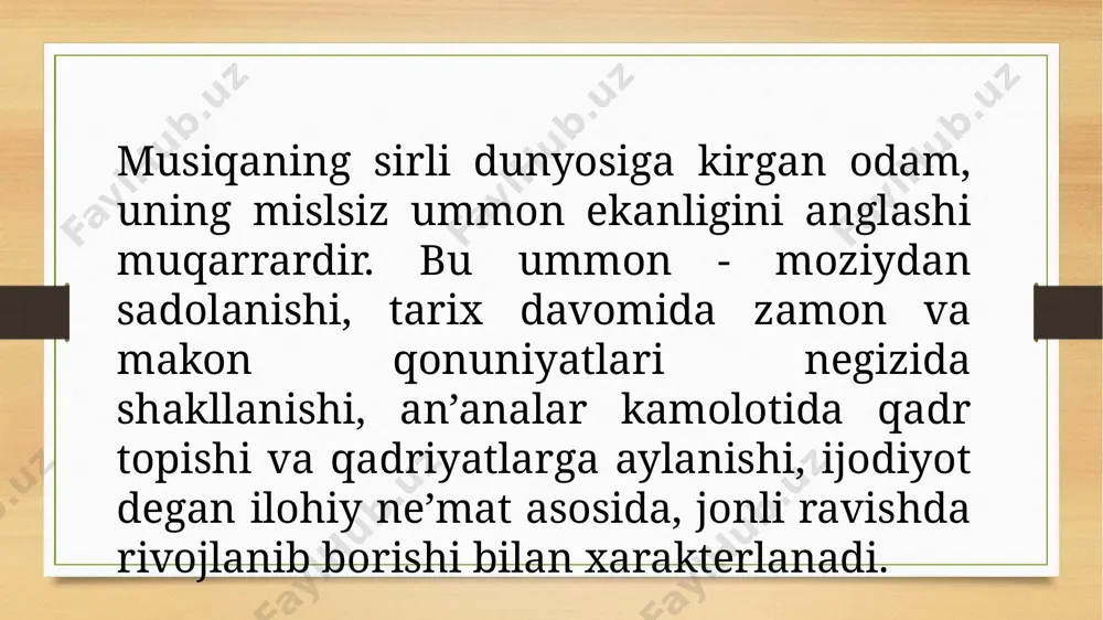 b kelganligini e’tirof 3 etish lozimdir. natijada, musiqa san’ati ijodiyotida g‘arb musiqa san’atiga intilish, o‘xshatish, madaniyatiga ergashish kabi munosabatlar yuzaga keldi. har bir xalq o‘zining milliy musiqa san’ati bilan birgalikda, ular asoslangan g‘arbona musiqa ijodiyotini shakllantirdilar. в uni, ilk bosqichlarini taqlidiy munosabat ekanligiga ham shubha yo‘q. lekin zamon va makon, mafkura va siyosat, qolaversa, zamonaviy ijodiy munosabatlar yangi yo‘nalish~ larni vujudga kelishini ta’minlab beradi. 0‘zbek xalq musiqa san’ati o‘zining milliy jarayonlarida o'ziga xos va mukammal darajada shakllangan betakror xalq va mumtoz musiqa merosiga ega. xx asrga kelib, bu ijtimoiy hayot so‘qmoqlarida va musiqa madaniyatimizda yangi yo‘nalish joriy etila boshlandi. bu ana shu g‘arb musiqa madaniyatining negizida musiqa ijodiyotini kamol toptirish edi. qayd etish joizki, har qanday musiqa xalq madaniyatining rivojiga xizmat qilsa, albatta amaliyotda o‘z ijobatini topadi. xx asrga kelib 0 ‘zbekistonda ham yevropacha tafakkur oqimining ta’siri sezila boshlandi va zamonaviy musiqaning kompozitorlik ijodiyoti ko‘rinishida amaliyotda qaror topa boshlandi. ushbu …