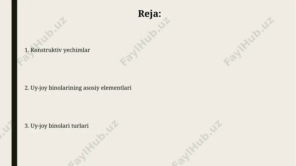 rilishga imkon beradi, ammo ularning mustahkamligi monolit konstruktsiyalarga nisbatan pastroq, taxminan 15-20% ga. devor materiallari va tizimlari taxminan 100 mm dan 200 mm gacha bo'lgan qalinlikdagi tashqi devorlar uchun g'isht, gazbeton yoki quyma beton kabi materiallar issiqlik yo'qotilishini kamaytirish uchun qo'llaniladi. zamonaviy uy-joy qurilishida 30% dan ortiq energiya tejaydigan, yuqori issiqlik izolyatsiyasi koeffitsientiga ega bo'lgan, "sandwich" panellardan foydalanish keng tarqalgan. muhandislik tizimlari elektr ta'minoti tizimlarida 3 fazali 380 v kuchlanishli ulanishlar va 5-10 kvt quvvatli asosiy elektr panellari odatda qo'llaniladi. muhandislik tizimlarida suv ta'minoti va kanalizatsiya tarmoqlari loyihalashda 20-30 mm diametrli quvurlar va 1,5-2,0 metr chuqurlikda joylashtirish standartlari qo'llaniladi. e'tiboringiz uchun rahmat @taqdimot_robot image1.jpg image2.jpg image3.jpg image4.jpg image5.jpg image6.jpg image7.jpg