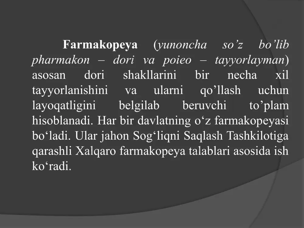 tilgan. dorivor vositalarning fizik-kimyoviy, biologik izlanishlarning umumiy usullari, preparatlarning tozaligi va ularni tayyorlashdagi qo’shimcha vositalar miqdor ko’rsatkichlari, flyuorometrik, polyarografik va xromatografik tekshiruvlar, dori vositalarning aktivligini biologik usulda hamda bakterial preparatlarni aniqlash usullari va sterillash qoidalari ko’rsatib o’tilgan. qo’shimcha qilib esa odamlar va hayvonlar uchun qo’llaniladigan preparatlarning eng yuqori zaharli va kuchli ta’sir etuvchi miqdor ko’rsatgichlari keltirilgan.suyuq dori vositalarining tomchilab berilish jadvali hamda kislota va uyuvchi ishqorlar erituvchilar sig’imi to’g’risidagi ma’lumotlar berilgan. barcha dori vositalari qabul qilingan standartlar asosida farmatsevtika zavodlarida yoki retseptlarda yozib ko’rsatilgan bo’lsa maxsus dorixonalarda tayyorlanadi va iste’molga beriladi. shu sababli dori shakllari ikki xil usul bilan tayyorlanadi ofitsinal usulda (officina–dorixona, ustaxona) bu davlat farmakopeyasida ko’rsatilgan standartlar asosida farmasevtika zavodlarida ishlab chiqarilgan dori shakllaridir magistral usulda (magister–o’qituvchi, rahbar) bu usulda davolovchi vrach tomonidan yozib berilgan retseptlar asosida maxsus dorixonalarda tayyorlangan dori shakllari hisoblanadi. veterinariya dorixonasi dorixona (lotin nomlanishi officina, yunoncha apotece) asosan davolovchi vrach tomonidan yozib berilgan retseptlar …