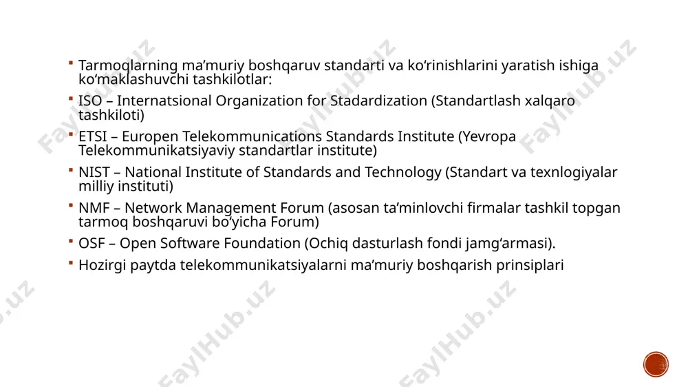 stikalarga ega: suntax (tur) obyekt modeli tasavvur shakli; access (ijozat) – obyekt ruxsat etilgan darajasi; status(status)- obyektni amalga oshirish shartlari (talablar) name (nomi)- obyektning yagona nomi.internetda sintaksis modeli ma’lumotlar turini belgilaydi. osidan o‘zgacha internetda model turi to‘liq chegaralangan. ular abstact syntax notation 1(asn.1) integer, octet ctring va boshqa turlari bilan aniqlanadi.mtdan yuqoriroq darajadagi ruxsat etilgan va ta’minlovchi axborot ruxsatini belgilaydi. mt internetda quyidagilarga ruxsat etilgan: read only- (faqat o‘qish uchun) obyekt bosqichi o‘qilishi mumkin, lekin barpo qilish mumkin emas. read write (o‘qish-yozish) mt bosqichi o‘qilishi va barpo qilinishi mumkin. write only(faqat yozish)mt bosqichi ko‘rsatmaga ega bo‘lishi mumkin lekin o‘qilmaydi; not accessible(ruxsat yo‘q) mt bosqichi o‘qilmaydi, ko‘rsatma ham yo‘q. obyekt holati vaqt oralig‘ida xuddi “majburiy” (mandatory) aniqlanadi-mtda har “bir boshqaruvchi resursni “nomajburiy” (optional) omalga oshirish kerak” mtda ixtiyoriy resurslar amalga oshiriladi, “eskirgan” (obsolete)mtda resurs amalga oshirilishini talab qilmaydi. nomini aniqlash obyekt identifikatoriga asn.i (asn.i object identifier) muvofiq bajarladi. internet modeli atribut …