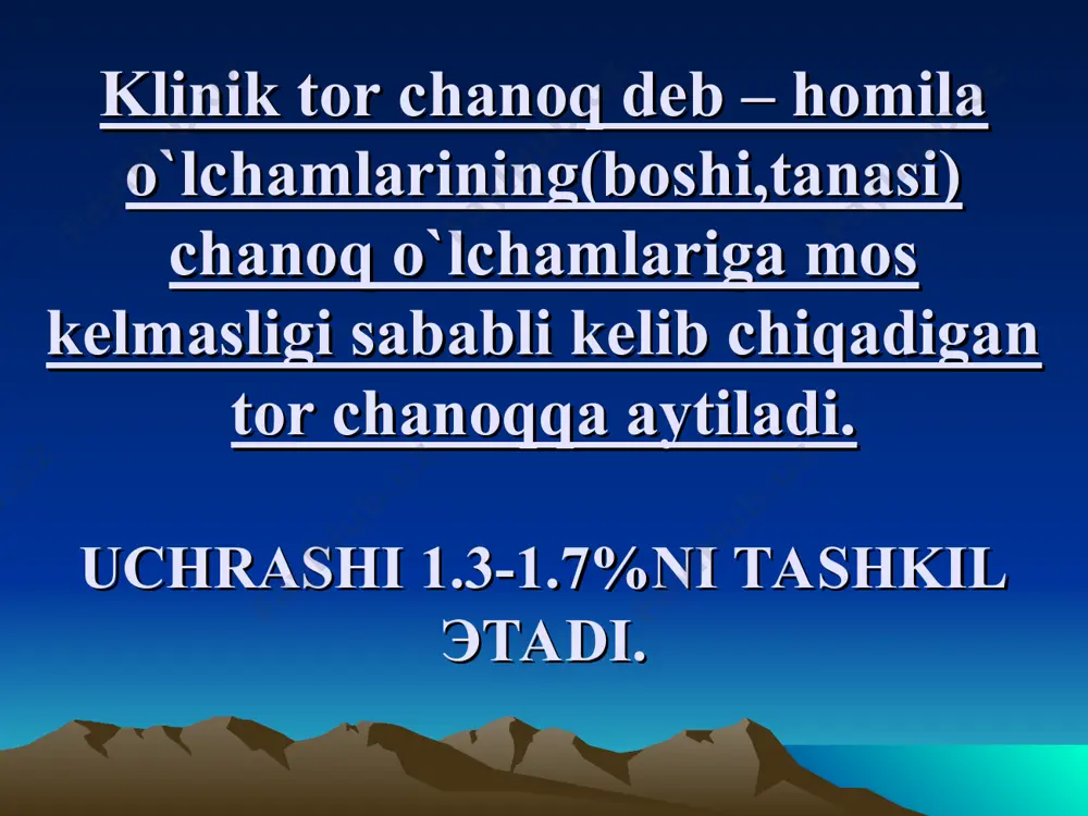 i dimiqishi va bosh miya (jaroxati)travmasi bachadonni yorilishи simfiz suyaklarining jaroxatlanishi homila boshining suqilishi tor chanoqning asoratlari -siydik pufagi va to`gri ichakda oqma yaralar paydo bo`lishi; tugruqning iii- va ilk chilla davrida qon ketishi; -chilla davri ysk rivojlanishi; - perinatal o`limi onalar o`limi dolixotsefalik bosh кефалогематома билан тугилган чакаклок tor chanoqlarda kesar kesish operatsiyasiga ko`rsatmalar: -tor chanoq+muuddatidan o`tgan homilador.k; -tor chanoq+katta homila: -tor chanoq+bachadondagi chandiq; -tor chanoq+tugruq kuchlari anomaliyalari; -tor chanoq+homilani chanogi bilan kelishi; -tor chanoq+homilani noto`gri yotishi; -tor chanoq+jinsiy organlarning nuqsonli rivojlanganligi; -tor chanoq+эgp ogir formalarida; -tor chanoq+anamnezida bepushtlik. - katta yoshdagi va yosh birinchi tuguvchilarda klinik tor chanoq deb - homila o`lchamlarini chanoq o`lchamlariga mos kelmasligi sababli kelib chiqadigan tor chanoqqa aytiladi. uchrashi 1.3-1.7%ni tashkil эtadi klinik tor chano? sabablari anatomik tor chanoq katta homila homila boshi gidrotsefaliyasi xomila boshining yozilib kelgan turlari (yuzi.peshanasi bilan) xomila boshining эnsa orka turida kelishi muddatidan utgan homiladorlik. yirik katta homila klinik …