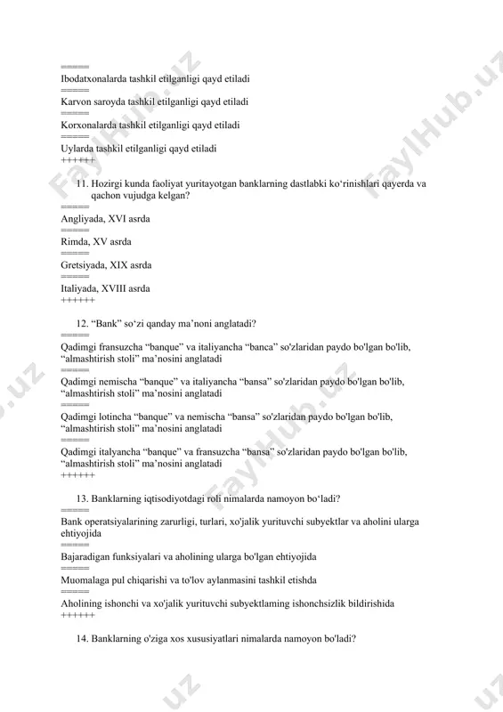 hukumatga kredit berish ===== qimmatli qog'ozlarni muomalaga chiqarish ===== nobank tashkilotlarga litsenziya berish ++++++ 16. o'zbekiston respublikasi markaziy banki to‘g‘risidaqi qonun qachon qabul qilinqan? ===== 2019 yil 11 noyabr ===== 2019 yil 25 aprel ===== 2019 yil 25 aprel ===== 2019 yil 21 dekabr ++++++ 17. bozor iqtisodiyoti sharoitida bank tizimi asosan qanday tarkibiy tuzilishga ega? ===== bank tizimi ikki bo‘g‘indan iborat bo'ladi ===== bank tizimi bir bo'g'indan iborat bo'ladi ===== bank tizimi uch bo‘g‘indan iborat bo'ladi ===== bank tizimi to'rt bo'g'indan iborat bo'ladi ++++++ 18. yangi tashkil qilinayotgan xususiy banklar uchun ustav kapitalining eng kam miqdori qancha bo'lishi lozim? ===== 200 mlrd. so'm ===== 10 mln. yevro ekvivalentida ===== 50 mlrd. so'm ===== 10 mln. dollar ekvivalentida ++++++ 19. tijorat banklari uchun xos bo'lmagan funksiyani ko‘rsating ===== mikrokredit tashkilotlarini litsenziyalash ===== muomalaga naqd pullarni chiqarish ===== to'lovlarni amalga oshirishda vositachilik qilish ===== vaqtinchalik bo'sh pul mablag'larini jamg'arish ++++++ 20. …