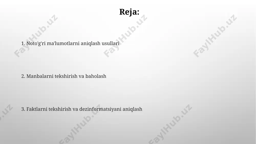 li fikrlarni tahlil qilishda manbalarni geografik joylashuvi muhim rol o'ynaydi; masalan, 3 ta turli mamlakatlardan olingan ma'lumotlarni taqqoslash orqali, xolislik darajasini aniqlash mumkin. muallifning ishonchliligiga baholash манбанинг ёзилиш йили ва жойини аниқлаб, 20-asr boshlarida nashr etilgan samarqanddagi manbalarga nisbatan ehtiyotkorlik bilan yondashish kerak, chunki ularning ishonchliligi shubha ostida boʻlishi mumkin. agar muallifning manbalari aniq koʻrsatilmagan boʻlsa, masalan, 1990-yillardagi toshkentdagi nashrlarda, bu uning ishonchliligiga shubha bilan qarashga asos boʻladi. yolg'on axborotning belgilari so'nggi 5 yil ichida o'zbekiston hududida tarqalgan yolg'on axborotlarning 75% si siyosiy mavzularda bo'lib, ularning aksariyati noto'g'ri statistikani va manbalarning ko'rsatilmasligini o'zida aks ettiradi. 2022 yilda aqshning bir nechta universitetlari tomonidan o'tkazilgan tadqiqotlar shuni ko'rsatdiki, tasvirlarni tahrirlash orqali yaratilgan yolg'on axborotlarning aniqlanish darajasi atigi 40% ni tashkil etadi. e'tiboringiz uchun rahmat @taqdimot_robot image3.png image4.jpg image5.jpg image6.jpg image7.jpg image8.jpg image9.jpg image1.png