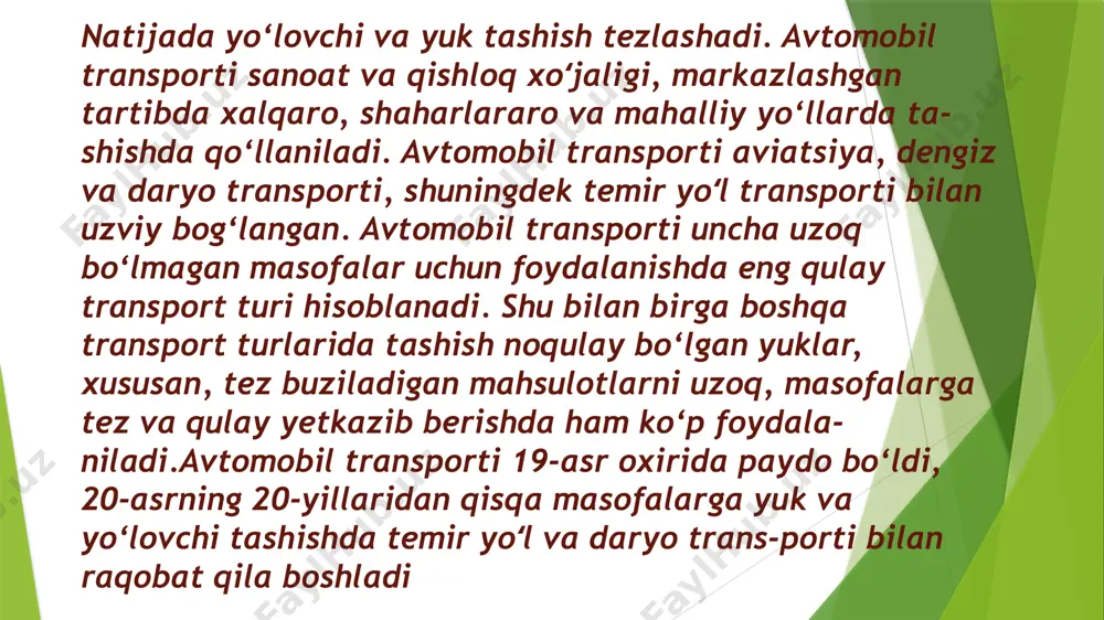 (o‘t o‘chirish, un, paxta, don, qurilish materiallarini tashish, sanitariya va boshqalar) avtomobillar bor. respublikada xalq xo‘jaligining sanoat, qishloq xoʻjaligi, qurilish, suv xo‘jaligi, aloqa, savdo, sog‘liqni saqlash, kommunal xo‘jaligi, madaniyat, mudofaa va boshqa tarmoqlarida ixtisoslash-tirilgan yirik avtotransport korxonalari mavjud. ular vazifasiga ko‘ra umu-miy foydalanilmaydigan ichki ishlab chiqarish avtomobil transporti ga kiradi. oʻzbekiston respublikasida yo‘lovchilar tashishga mo‘ljallangan 14,7 ming avtobus, 5 mingdan ko‘proq yengil taksi mashinalari ish-ladi. respublika bo‘yicha 2892 avtobus marshrutlarida (jumladan 593 shahar, 1768 shahar atrofi, 532 shaharlararo, 142 xalqaro) avtobuslar qatnadi. taksi (frans. taxi), taksomotor — yoʻlovchilar yoki yuk tashishda foydalaniladigan yengil yoki yuk avtomobili. odatda kira haqi taksometr boʻyicha toʻlanadi. birinchy t.lar londonda 1903-yil, moskvada 1907-yil, peterburgda 1937-yil, toshkentda 1934-yil paydo boʻlgan. t. sifatida koʻplab ishlab chikariladigan yengil va yuk mashinalari, maxsus avtomobillardan foydalaniladi. muayyan yoʻnalishlar boʻyicha belgilangan vaqt oralatib qatnaydigan t.lar marshrutli taksilar deb ataladi. bunday t.lar uchun maʼlum kiymatdagi haq stavkasi belgilab qoʻyiladi. e’tiboringiz uchun rahmat! …