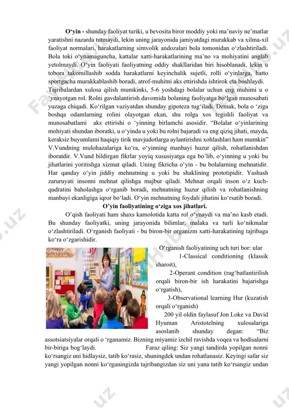 o‘zlari, hattoki, tana va qo‘l harakatlari juda muhim va jiddiy fikr xususida bir to‘xtamga kelolmayotganidan, yoki yangi fikmi topib, undan mamnuniyatni his qilayotganligidan xabar berib turadi. bir qarashda tashqi elementar ishni amalga oshirayotgan - misol uchun, uzum ko‘chatini ortiqcha barglardan xalos etayotgan bog‘bon harakatlari ham aqliy komponentlardan xoli emas, u qaysi bargni va nima uchun ortiqcha ekanligini anglab, bilib turib olib tashlaydi. aqliy harakatlar - shaxsning ongli tarzda, ichki psixologik mexanizmlar vositasida amalga oshiradigan turli-tuman harakatlaridir. eksperimental tarzda shu narsa isbot qilinganki, bunday harakatlar doimo motor harakatlami ham o‘z ichiga oladi. bunday harakatlar quyidagi ko‘rinishda, ifoda etilishi mumkin: yuqorida ta’kidlaganimizdek, har qanday faoliyat tashqi harakatlar asosida shakllanadi va alohida komponentlardan iborat bo‘lishi ham mumkin. agar tashqi faoliyat asosida psixik jarayonlarga o‘tish kuzatilsa, bunday jarayon psixologiyada interiorizatsiya deb ataladi, aksincha, aqlda shakllangan g‘oyalami bevosita tashqi harakatlarda yoki tashqi faoliyatga ko‘chirilishi eksteriorizatsiya deb yuritiladi. o‘yin va o‘qish faoliyatining o‘ziga xos jihatlari faoliyat …