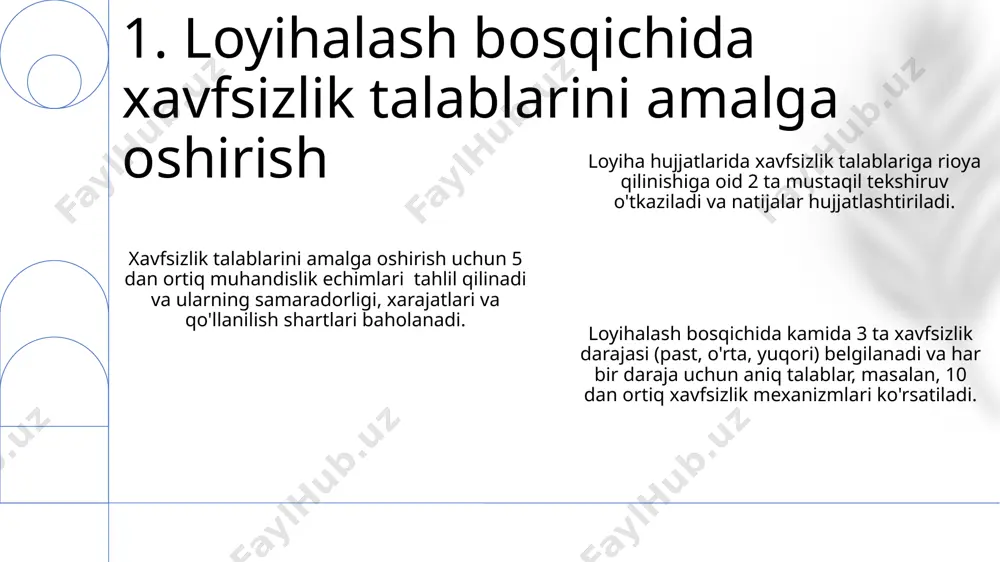 % ga yaxshilashga imkon beradi. xavfsizlik talablarini takomillashtirishda 5 dan ortiq mutaxassisni jalb qilish xatoliklar sonini 30% ga kamaytiradi va samaradorlikni 20% ga oshiradi. 7. xavfsizlik talablarini yaxshilash va takomillashtirish e'tiboringiz uchun rahmat @taqdimot_robot image1.png image2.png image3.png image4.png image5.png image6.png image7.png image8.png