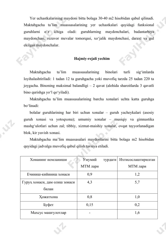 ertikal-gorizontal funksional zonalashtirish keng qo‘llaniladi: maktabgacha yoshdagi bolalarning guruhlari ikkinchi qavatda, kichik yoshdagi bolalarning guruhlari birinchi qavatda joylashtiriladi. ikkinchi yoki uchinchi qavatda joylashgan maktabgacha yoshdagi bolalar guruhlarining yechinish-kiyinish xonalari 1-qavatda joylashtirilishi mumkin. har bir guruh yacheykalarida kamida ikkitadan chiqish yo‘llari bo‘lishi kerak. kichik yoshdagi bolalarning ikkita guruhi yoki maktabgacha yoshdagi bollarning to‘rtta guruhli uchun bitta umumiy chiqish yo‘li bo‘lishiga ruxsat etiladi. musiqa va gimnastika mashg‘ulotlari uchun mo‘ljallangan zallar, odatda, 1-qavatda joylashtiriladi, zarurat tug‘ilganida ikkala zal birlashtiriladi. zallarga qo‘shimcha qilib inventar saqlanadigan xonalar ham ko‘zda tutilishi lozim. bugungi kunda maktabgacha ta’lim muassasalaridagi xonalar joylashtirilishida quyidagi yangi tendensiyalarni kuzatish mumkin: · maktabgacha yoshdagi bolalari uchun guruh xonalarining boshlang‘ich sinf xonalari bilan birlashtirilishi; · maktabgacha yoshdagi bolalar guruhi uchun qisqa muddat mashg‘ulot o‘tkaziladigan turar-joylar qoshidagi xonalarning (har bir bola uchun 4 m2 hisobida) joylashtirilishi; guruhida 10 ta boladan ko‘p bo‘lmagan oilaviy bolalar bog‘chalari ikki tomonida ham chiqish yo‘llari bo‘lgan, 2-qavatdan yuqorida bo‘lmagan va …