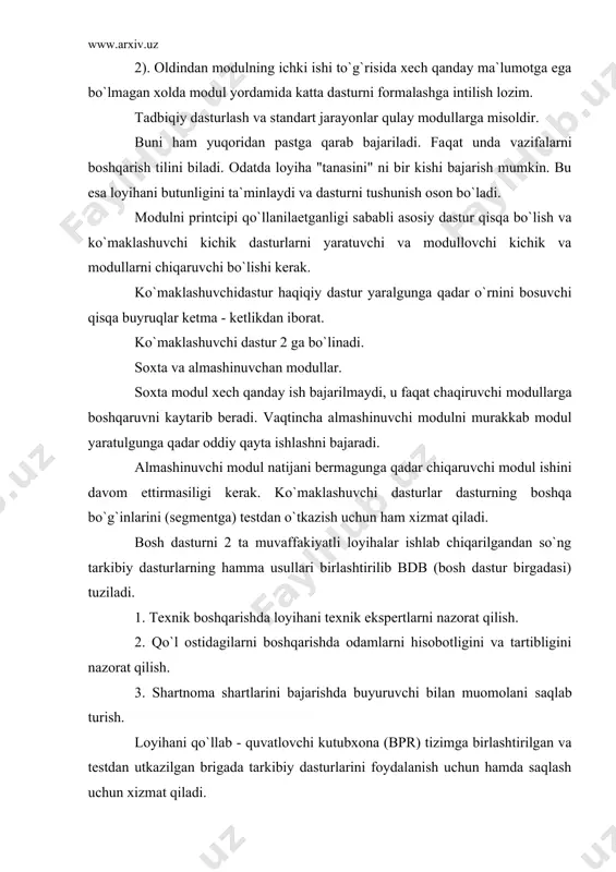 qoida asosida tashkil etiladi. bu esa dastur tuzishda ulardan osonlik bilan foydalanish imkonini beradi. modullardan ikki xil usulda: asosiy dasturning zarur bo`lgan qismiga modullarni joylashtirish yo`li bilan: har bir mashinaning o`ziga xos buyruqlari mavjud bo`lib, bu buyruqlar yordamida modullarga murojat qilish yo`li bilan foydalanish mumkin. ikkinchi usul ko`proq qo`llaniladi. chunki bu xolda operativ xotirada modullar kutubxona shaklida joylashadi va bu modullardan istilgan vaqtda foydalanish mumkin. shu sababli modullarni ishdan ozod qilish uch xil adres qo`llaniladi: 1. absolyut adreslarning qiymatlari modullarning tutgan o`rniga qarab o`zgarmaydi; 2. ichki adreslar modullarning joylashgan eriga bog`liq holda hisoblanadi; 3. tashqi adreslar boshqa modullarning tutgan o`rniga qarab o`zgaradi; absolyut adreslar o`zgarmas ish yacheykalari yoki mashina registrlari, ba`zi bir maxsus mashina komandalarining adres qismilaridan iborat bo`ladi. masalan, surish buyrug`i hamda komanda shaklida yozilgan o`zgarmas sonlarning adres qismlari. ichki adreslar boshqa modullarga o`tish komandalari va standart dasturning o`zida o`zgarmaslar yozilgan joyda uchrashi mumkin. tashqi adreslar boshqa modullarga o`tish …