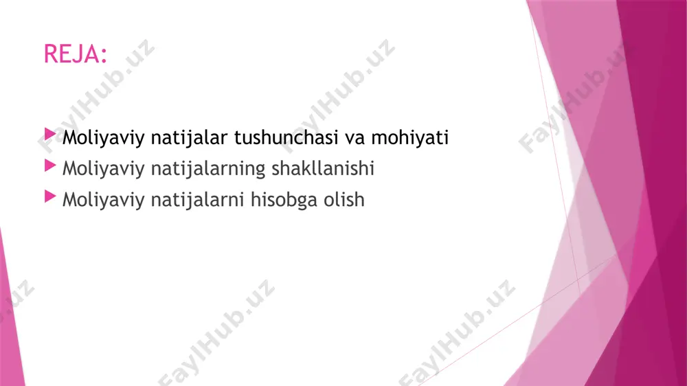 jatlar o'rtasidagi farq. agar daromadlar xarajatlardan yuqori bo'lsa, foyda olinadi. agar xarajatlar daromadlardan ko'proq bo'lsa, zarar yuzaga keladi. 4. zarar: korxona yoki tashkilotning xarajatlari daromadlaridan oshib ketganda yuzaga keladigan salbiy moliyaviy natija. 2. moliyaviy natijalarning shakllanishi moliyaviy natijalarning shakllanishi va ishlatilish tartibi o’zbekiston respublikasi vazirlar mahkamasining 1999 yil 5 fevraldagi 54-sonli qarori bilan tasdiqlangan “mahsulot (ishlar, xizmatlar)ni ishlab chiqarish va sotish xarajatlarining tarkibi hamda moliyaviy natijalarni shakllantirish tartibi to’g’risida nizom” va o’zbekiston respublikasi buxgalteriya hisobining milliy standartlari bilan tartibga solinadi. nizom va 3-son bhms «moliyaviy natijalar to’g’risida hisobot»ga asosan xarajatlar quyidagi to’rt guruhga bo’linadi: 1. mahsulot (ish, xizmat) tannarxiga kiradigan xarajatlar. 2. davr xarajatlari. 3. moliyaviy faoliyat xarajatlari. 4. favqulodda zararlar. shuningdek, daromadlari ham to’rt guruhga bo’linadi: 1. mahsulot (ish, xizmat) sotishdan tushum. 2. asosiy faoliyatining boshqa daromadlari ( tushumlari ). 3. moliyaviy faoliyat daromadlari ( tushumlari ). 4. favqulodda foyda. «mahsulot (ish, xizmat)lar ishlab chiqarish va sotish xarajatlar tarkibi …