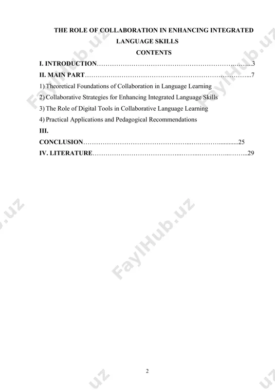 alized language use. digital tools and technology further facilitate collaboration, enabling learners to communicate and practice language skills beyond traditional classroom settings. this paper explores the significance of collaboration in language learning, examining how various collaborative strategies contribute to the development of integrated language skills. by analyzing theoretical perspectives and practical applications, this study highlights the benefits of a collaborative approach in fostering a more comprehensive and effective language learning experience. actually of the theme of the research work; language acquisition is a complex process that requires the integration of multiple skills, including listening, speaking, reading, and writing. traditional language teaching methods often focus on these skills separately, which may hinder learners from developing fluency and communicative competence. however, research has shown that collaboration plays a vital role in enhancing integrated language skills by providing learners with interactive and engaging learning experiences. collaboration in language learning fosters an environment where …