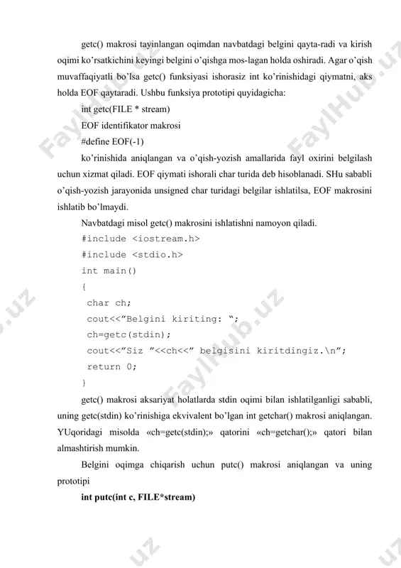 raga saqlangan maydonlar sonini qaytaradi. agar hech bir maydonni saqlash imkoni bo’lmagan bo’lsa, funksiya 0 qiymatini qaytaradi. oqim oxiriga kelib qolganda (fayl yoki satr oxiriga) o’qishga harakat bo’lsa, funksiya eof qiymatini qaytaradi. formatlash satri - belgilar satri bo’lib, u uchta toifaga bo’linadi: · to’ldiruvchi belgilar; · to’ldiruvchi belgilardan farqli belgilar; · format aniqlashtiruvchilari. to’ldiruvchi-belgilar – bu probel, ‘\t’, ‘\n’ belgilari. bu belgilar formatlash satridan o’qiladi, lekin saqlanmaydi. to’ldiruvchi belgilardan farqli belgilar – bu qolgan barcha ascii belgilari, ‘%’ belgisilan tashqari. bu belgilar formatlash satridan o’qiladi, lekin saqlanmaydi. 12.1–jadval. format aniqlashtiruvchilari va ularning vazifasi komponenta bo’lishi shart yoki yo’q vazifasi [*] yo’q navbatdagi ko’rib chiqilayotgan maydon qiymatini o’zgaruvchiga o’zlashtirmaslik belgisi. kirish oqimidagi maydon ko’rib chiqiladi, lekin o’zgaruvchida saqlanmaydi. [ ] yo’q maydon kengligini aniqlashtiruvchisi. o’qiladigan belgilarning maksimal sonini aniqlaydi. agar oqimda to’ldiruv–chi belgi yoki almashtirilmaydigan belgi uchrasi funksiya nisbatan kam sondagi belgilarni o’qishi mumkin. [f|n] yo’q o’zgaruvchi ko’rsatkichining (adresining) modifikatori: f– …