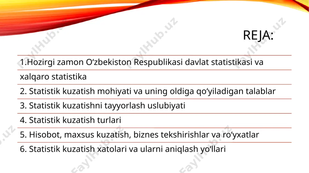umumlashtirish darajasiga qarab quyidagi turlarga bo‘linadi joriy maxsus tekshirishlar - bu maxsus respondentlarni yollab hodisalar haqida boshlang‘ich ma’lumotlarni muntazam yoki vaqtma-vaqt qayd qilish yo‘li bilan to‘plash jarayonidir. joriy maxsus statistik tekshirishlar deganda statistik tashkilotlar tomonidan maxsus respondentlarni yollab o‘rganilayotgan hodisa, jarayon haqidagi boshlang‘ich ma’lumotlarni muntazam yoki vaqtma-vaqt qayd qilib to‘plash tushuniladi. bunday kuzatishga uy ho‘jaliklari budjeti statistikasi, iste’mol baholari statistikasi, uyushmagan savdo statistikasi, dehqon xo‘jaligi (fermer xo‘jaligi bilan aralashtirib yubormang!) statistikasi va h.k. misol bo‘lishi mumkin. biznes-tekshirishlar bozor iqtisodiyotiga xos bo‘lgan statistik kuzatishdir. ularning asosiy maqsadi tadbirkorlarning iqtisodiy faoliyatini o‘rganishdan iborat. joriy maxsus tekshirishlardan farqli o‘laroq, biznes tekshirishlar tadbirkorlardan intervyu olish, oldin tayyorlangan savollarga yozma yoki og‘zaki javoblarni maxsus savolnomalarda qayd qilishga asoslanadi. ularning o‘ziga xos xususiyati shundaki, savolnomalar kompleks xarakterga ega bo‘lib, o‘zaro bog‘langan bir-birini to‘ldiruvchi savollardan, ularning ma’lum masalaga oid majmualaridan tashkil topadi, natijada iqtisodiy faollikni har taraflama yoritish imkonini beradi. joriy maxsus tekshirishlar va biznes tekshirishlar ma’lum …