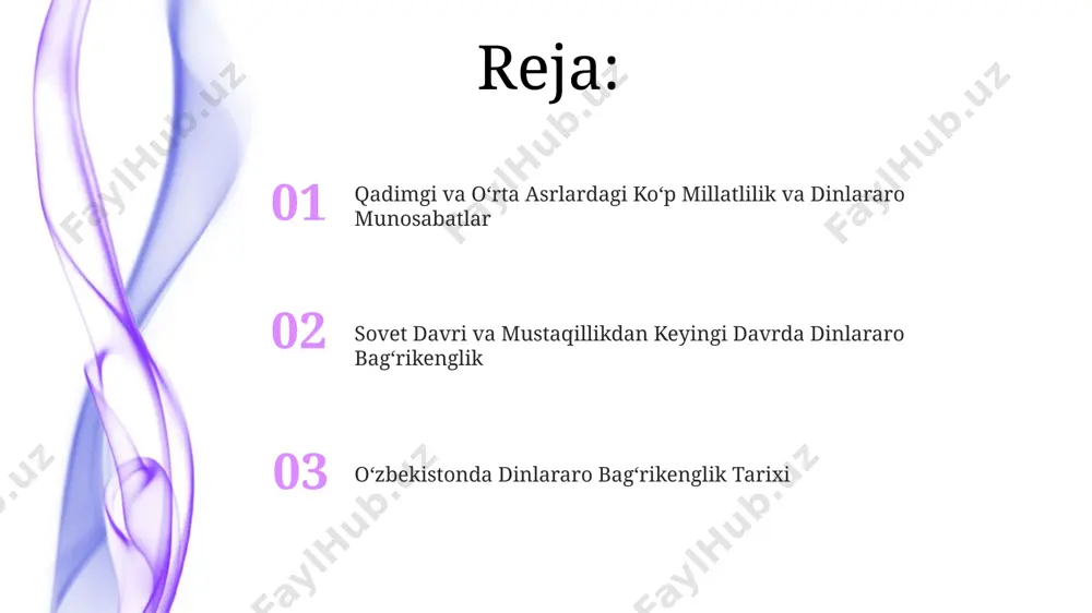 17-yilda qabul qilingan "vijdon erkinligi va diniy tashkilotlar toʻgʻrisida"gi qonun diniy bagʻrikenglikni taʼminlashda muhim rol oʻynaydi. mustaqillikdan keyingi davrda dinlararo bagʻrikenglik mustaqillikdan keyingi davrda, 1991-yildan boshlab, o‘zbekistonda 16 ta din rasman ro‘yxatga olingan, bu diniy bagʻrikenglik siyosatining muhim ko‘rinishi hisoblanadi. 2000-yillardan boshlab, o‘zbekiston hukumatining diniy ekstremizmga qarshi kurash siyosati baʼzi diniy jamoalar faoliyatiga cheklovlar qoʻydi, biroq umumiy bagʻrikenglik tamoyillari saqlanib qoldi. oʻzbekistonda dinlararo bagʻrikenglik tarixi 19-asr oxiri va 20-asr boshlarida rossiya imperiyasi davrida oʻzbekistonda yashovchi turli millat va din vakillarining oʻzaro munosabatlarida ham tolerantlik va konfliktli davrlar kuzatilgan. sovet davrida (1920-1991) diniy e’tiqodlarga qarshi repressiyalar boʻlishiga qaramay, ba’zi hollarda an’anaviy bagʻrikenglik elementlari saqlanib qolgan va milliy madaniy an’analar chegaralangan tarzda davom etgan. e'tiboringiz uchun rahmat @taqdimot_robot image4.jpg image5.jpg image6.jpg image7.jpg image8.jpg image9.jpg image10.jpg image1.jpeg image2.jpeg image3.jpeg