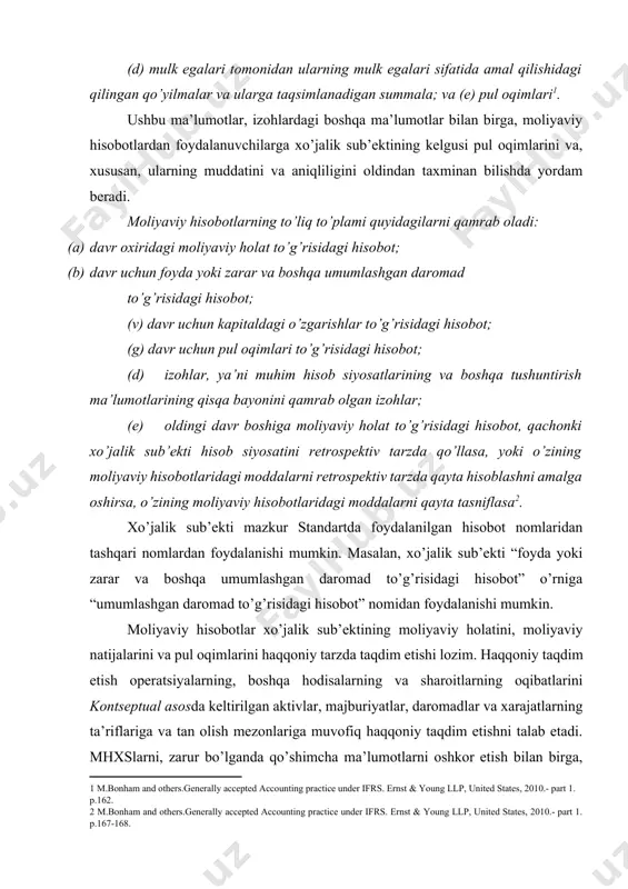 iy holatini, moliyaviy natijalarini va pul oqimlarini haqqoniy tarzda taqdim etishi lozim. haqqoniy taqdim etish operatsiyalarning, boshqa hodisalarning va sharoitlarning oqibatlarini kontseptual asosda keltirilgan aktivlar, majburiyatlar, daromadlar va xarajatlarning ta’riflariga va tan olish mezonlariga muvofiq haqqoniy taqdim etishni talab etadi. mhxslarni, zarur bo’lganda qo’shimcha ma’lumotlarni oshkor etish bilan birga, qo’llash haqqoniy taqdim etishni ta’minlaydigan moliyaviy hisobotlarga olib keladi deb ko’zda tutiladi. moliyaviy hisobotlari mhxslarga muvofiq bo’lgan xo’jalik sub’ekti izohlarda bunday muvofiqlikni aniq va shartsiz ta’kidlashi lozim. moliyaviy hisobotlar mhxslarning barcha talablariga muvofiq bo’lmaguncha, xo’jalik sub’ekti ularni mhxslarga muvofiq deb ta’kidlamasligi lozim. moliyaviy hisobotlarni tayyorlash paytida, rahbariyat xo’jalik sub’ekti faoliyatini uzluksiz davom etishi qobiliyatini baholashi lozim. qachonki rahbariyat xo’jalik sub’ektining faoliyatini tugatishni yoki savdoni to’xtatishni mo’ljallayotgan bo’lmasa yoki bunday choralarni amalga oshirishdan boshqa amaliy muqobil choralar mavjud bo’lmagan holat yuzaga kelmasa, xo’jalik sub’ekti moliyaviy hisobotlarni faoliyatning uzluksizligi asosida tayyorlashi lozim. agar rahbariyat, baholashni amalga oshirayotganda, xo’jalik sub’ekti faoliyatini uzluksiz davom etishi …