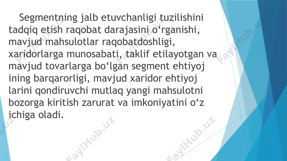 hisobga olgan holda qanday pozitsiyani egallagan ma’qul? tanlab olingan pozitsiyani egallash va himoya qilish uchun qanday marketing vositalari mos keladi? differensiasiyalangan marketing strategiyasi yuqori investitsiya, ishlab chiqarish va boshqarish xarajatlarini talab qiladi, shuning uchun u yirik korxonalar uchun zarurdir. mahsulot differensiasiyasi turli bozorga chiqishning keying imkoniyatidir. bu birinchi navbatda tovar taqsimlashda diversifikasiya strategiyasini olib borishga asoslanadi. konsentrlangan marketing strategiyasi korxonalardan bozorning foydali segmentiga, ya’ni bitta yoki bir necha segmentiga e’tiborni qaratishni talab qiladi. bu bozor segmentiga firma bitta yoki bir necha mahsulot bilan hamda maqsadli marketing dasturi bilan yondashadi. o‘z mazmuniga ko‘ra, bu strategiya bozor chuqurchasi konsepsiyasiga mos keladi, ya’ni shunday bozor segmentida ishlash kerakki, tovar ushbu firma va uning etkazib berish imkoniyatlari uchun ko‘proq mos keluvchi bo‘lib hisoblanadi. konsentrlangan marketing strategiyasi ko‘proq kichik va o‘rta korxonalar uchun mos keladi, chunki bozoming barcha segmentlarida ishlash uchun hamda katta yetarli moliyaviy vositalaming bo‘lishi talab etilmaydi. mahsulotni samarali pozitsiyalashtirish uchun talab va …