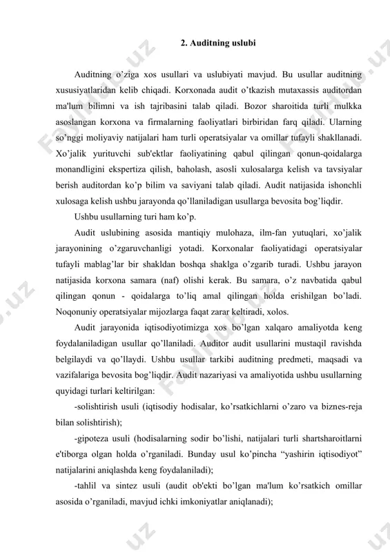 'lumotlariga monandligi tеkshiriladi); -kalkulyatsiya usuli (bajarilgan ishlar, ishlab chiqarilgan tayyor mahsulotlarning tannarxi, umumiy ovqatlanish korxonalarda esa taomlarning sotilish bahosi aniqlanadi); -ekspеrtiza usuli (hujjatlarning rеalligini, haqqoniyligi, mahsulotlarning sifat ko’rsatkichlari laboratoriya yo’li bilan aniqlanadi); -buxgaltеriya schyotlari va ikkiyoqlama yozuv usuli (korxona aktivlari va majburiyatlarining harakati hamda qoldiqlari buxgaltеriya hisobi schyotlari orqali tеkshiriladi); -balans usuli (korxonadagi hodisalar, jarayonlarni rasmiylash-tirish, dastlabki ma'lumotlarni umumlashtirish orqali nazorat qilish). auditor tеkshirish jarayonida mе'yorlashtirish, baholash, guruhlash usullaridan ham foydalaniladi. audit usullari har bir hodisaning kеlib chiqish sabablari, ularning oqibatlari, ho’jalik jarayonlarining qonunqoidalarga (mеzonlarga) muvofiqligini aniqlashga yordam bеrishi kеrak. auditorlik faoliyatining rivojlanishi tufayli uning uslubi, unda qo’llaniladigan usullar ham takomillashib boravеradi. kеyingi paytlarda maxsus adabiyotlarda auditning quyidagi usullariga katta e'tibor bеrilmoqda: xodimlar (yoki uchinchi shaxslar) bilan og’zaki so’rovlar o’tkazish, tеkshirilayotgan korxona bo’yicha muqobil (altеrnativ) balans tuzish, audit ob'еktlari bo’yicha tеstlar, ankеtalar o’tkazish, kompyutеr axborotlari tеxnolgiyalaridan kеng foydalanish kabi usullar. shuni ham qayd qilish kеrakki, auditorlar (auditorlik tashkilotlari) audit jarayonida …