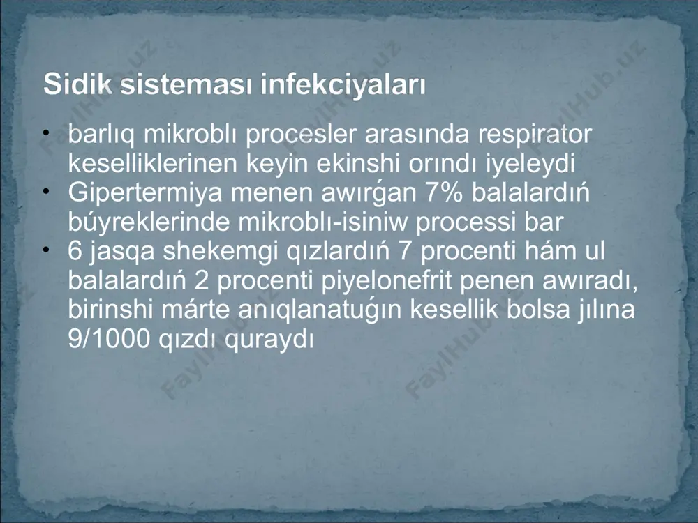 en awırǵan nawqaslarda kóbinese sidik sisteması organları jaraqatlanıwınıń specifikalıq simptomları: dizurikalıq qubılıslar, quwıq usti hám bel aymaqlarında awırıwlar payda boladı. . birinshi - xronik pielonefrit (obstrukciyalıq emes) ekilemshi xr. pielonefrit (obstruktiv) - búyrekler hám sidik jolları rawajlanıwınıń anomaliyaları fonında. tiykargı kórinisleri: specifik emes intoksikaciya sindromı subfebril qaytalasıwshı ısıtpa beldegi awırıwlar sidik sindromı: az muǵdardaǵı proteinuriya, piuriya, mikrogematuriya. xronik pielonefrit latent ótiwi júdá az simptomlar menen xarakterlenedi. kesellik ótiwi menen áste-aqırın búyrek funkciyasınıń tómenlewi rawajlanadı. sji diagnozı sidiktiń klinikalıq hám bakteriologiyalıq tekseriwine tiykarlanadı. sji ushın bárinen burın bakteriuriya tán. jańa ajıratılǵan sidikte 105/ml den artıq koloniya payda etiwshi birliklerdiń ósiwi haqıyqıy bakteriuriyanıń ápiwayı kontaminciyadan tiykarǵı ayırmashılıǵı bolıp esaplanadı. jańa tuwılǵan balalarda hám kishi jastaǵı balalarda sidikte bakteriyalardıń bolıw waqtınıń qısqa bolıwı múnásibeti menen bir qozǵawshınıń muǵdarına qaramastan tákirarlap egiliwine bakteriuriya sıpatında qaraw kerek, ásirese bakteriyalar bar bolsa sidikti bakteriologiyalıq tekseriwdiń unamlı nátiyjelerin bárqulla alıw múmkin emes. sońǵı jılları sidikten mikroorganizmlerdiń shıǵıw …