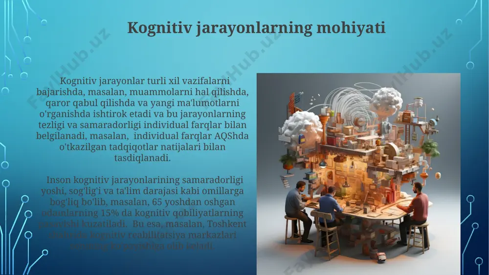 g o'zida qayta ishlash qiyinligi, shuning uchun toshkentdagi shifokorlar ko'pincha bemorlarning asosiy shikoyatlarini yozib olish uchun qisqa muddatli xotiradan foydalanadilar. bilish jarayonlari va professional kompetensiya samarqanddagi tibbiyot universitetida o'tkazilgan eksperiment natijalariga ko'ra, 75 nafar talabaning 60% da metakognitsion strategiyalarning etishmasligi diagnostika va davolash jarayonlarida xatolar sonini 10% ga oshirdi. kognitiv xaritalarni qo'llash orqali toshkentdagi it kompaniyalarida 2022 yilda o'tkazilgan 50 nafar dasturchining ishtirokida o'tkazilgan tajriba shuni ko'rsatdiki, xotira va diqqatni jamlash mashqlari unumdorlikni 20% ga oshirdi. axborotni qayta ishlash va tahlil qilish axborotni qayta ishlashda, masalan, 500 ta ma'lumotlar bazasidan olingan ma'lumotlarni tahlil qilishda, samarqanddagi olimlar algoritmlarni 30% tezlashtirishga muvaffaq bo'lishdi. kognitiv jarayonlarni modellashtirishda, 2023 yilgi tadqiqotlar shuni ko'rsatdiki, parijdagi mutaxassislar tomonidan ishlab chiqilgan yangi usullar, xatolik darajasini 15% ga kamaytiradi. professional xatolar va kognitiv chegaralar kognitiv yuk (cognitive load) ning yuqori darajasi, xususan, 10 yildan ortiq tajribaga ega boʻlgan muhandislarning 35%ida samarqand shahridagi loyihalarda murakkab muammolarni hal qilish qobiliyatini …