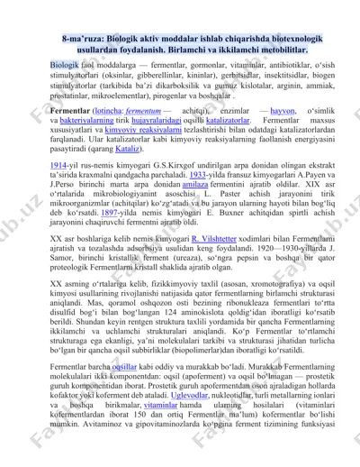 biologik aktiv moddalar ishlab chiqarishda biotexnologik usullar — DOCX
