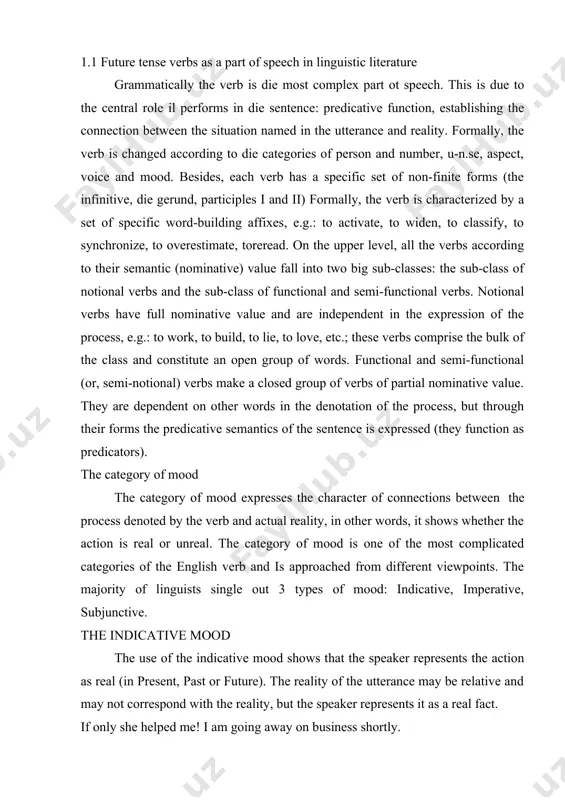 through the paradigmatic opposition of continuous (progressive) forms of the verb; this category can be called the category ot developmentthe marked member of the opposition, the continuous, is lomied by means of the auxiliary verb to be and participle i of the notional verb, e.g.: i am working. the meaning of the continuous is purely aspective - "action in progress, developing action". the weak member of the opposition, the indefinite, stresses the mere fact of the perfonnancc of the action. the second aspective category is formed by the opposition of perfect and the non-perfect forms of aspect – a gram.category which characterizes the way in which the action expressed by the verb is carries out. • lexically aspect is expressed by the lex.character of the v. the verb falls into 2 groups: 1) terminative: apply a limit beyond which the action can’t continue (to break, to open); 2) non-terminative: the …
