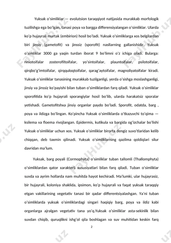 lari silur davridan maʼlum. yuksak, barg poyali (cormophyta) o‘simliklar tuban tallomli (thallomphyta) o‘simliklardan qator xarakterli xususiyatlari bilan farq qiladi. tuban o‘simliklar suvda va ayrim hollarda nam muhitda hayot kechiradi. ma’lumki, ular hujayrasiz, bir hujayrali, koloniya shaklida, ipsimon, ko‘p hujayrali va faqat yuksak taraqqiy etgan vakillarining vegetativ tanasi bir qadar differentsiyalashgan. ya’ni tuban o‘simliklarda yuksak o‘simliklardagi singari haqiqiy barg, poya va ildiz kabi organlarga ajralgan vegetativ tana yo‘q.yuksak o‘simliklar asta-sekinlik bilan suvdan chiqib, quruqlikni ishg‘ol qila boshlagan va suv muhitidan keskin farq qiladigan muhitga duch kelganlar. bir xil suv muhitdan quruqlikka chiqa boshlagan o‘simliklar ikki xil— tuproq va havo muhitiga duch keladilar. tabiiyki, million yillar davom etgan uzoq tarixiy taraqqiyot davomida tabiiy tanlanish ta’sirida o‘simliklar asta-sekin yangi muhit sharoitlariga moslasha borgan va ularning tanasi ildiz, poya, barg singari organlarga differentsiallasha borgan. bu organlar birdaniga vujudga kelmagan, albatta. yuksak o‘simliklarning bizga qadar yetib kelmagan soda tuzilishli vakillari ham yashagan. ularning nihoyatda sodda …