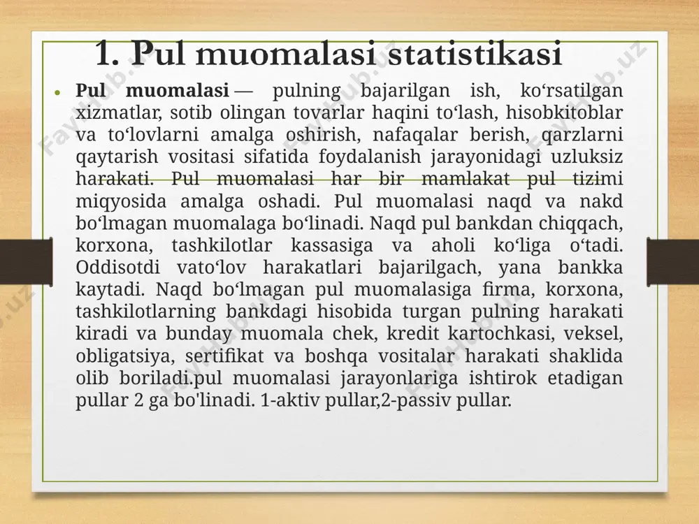 jarayon qonuniyatlarini o’rganadigan statistik metodlarini ishlab chiqish, asoslash va samarali qo’llash; pul muomalasini darajasini, dinamikasini, va tarkibini xarakterlovchi ko’rsatkichlarini hisoblash, tahlil qilish va bashoratlash; pul muomalasidagi umumiy qonuniyatlarni va o’ziga xos evolyutsion xususiyatlarini aniqlash, pul muomalasi ko’rsatkichlarini o’zgarishini mamlakatni umumiy iqtisodiy rivojlanishi ko’rsatkichlarini o’zgarish sur’atlari va proportsiyalariga ta’sirini o’rganish (odatda bu ishni teskarisi ham bajariladi, ya’ni umumiy iqtisodiy ko’rsatkichlarni o’zgarishini pul muomalasi ko’rsatkichlariga ta’siri o’rganiladi). yuqorida keltirilgan umumiy vazifalar bilan bir qatorda pul muomalasi statistikasi bir qancha xususiy vazifalarni ham echadi. ularga quyidagilarni kiritish mumkin: - alohida olingan ko’rsatkichlarni va pul muomalasini agregatlari bo’yicha mavjud o’zgarish tendentsiyalarini aniqlash va o’rganish. masalan, pul, kassa va valyuta oboroti ko’rsatkichlari bo’yicha; - baho, valyutalar kursi, stavkalar uchyoti, qimmatli qog’ozlar kotirovkasi va boshqa ko’rsatkichlarni statistik monitoringi; - pul massasasiga bo’lgan talab, emissiya, pul birliklari tuzilishi, pulni yaroqsizlik darajasi va ularni oborotdan qaytarib olish, alohida olingan pul birliklarini aylanish yoki xalq qo’lida turib qolishi, pul …