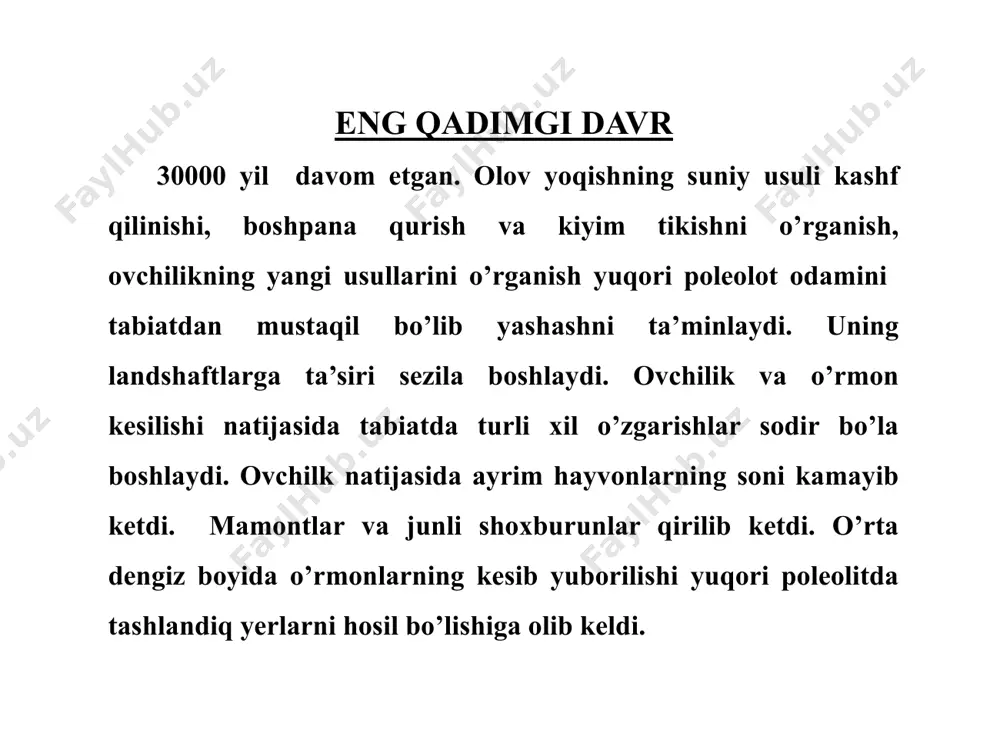 icha talqin qilinadi. ya’ni geografik bashorat-bu tabiiy, tabiiy-antropogen, antropogen, ijtimoiy-iqtisodiy tizimlarni kelajakda tabiiy va sun’iy omillar ta’sirida xossalarni va tarkibiy qismlarini bo’lаjak o’zgarishlari haqida ilmiy asoslangan tasavurlar tizimini ishlab chiqishdir. vaqtga qarab bashoratlar quyidagi guruhlarga bo’linadi: operativ bashorat 1-oy muddatda qisqa muddatli bashorat (1-oydan-1-yilgacha ) o’rta muddatli bashorat (1-yildan-5-yigacha) uzoq muddatli bashorat (5-yildan-15-yilgacha) juda uzoq muddatli bashoratlar (15-yildan ko’proq muddatli) bashorat usullari landshaft -indikatsiya usuli geografik baholash usuli poleogeog- rafik usul tizimlararo tahlilusul statistik usul o’xshatish usuli tabiiy muhit holatining o’zgarishini landshaft indikatsiyasi (belgi) indikator sifatida o’simliklar va tuproq qoplami hamda tog’ jinslarining holati asos qilib olinadi. masalan: tabiiy muhitdagi ilk o’zgarishlarni o’simliklarning xillarini va tuproqlarni mavsumiy o’zgarishiga qarab aniqlash mumkin. landshaft -indikatsiya usuli ushbu usul – tabiiy muhitdagi rivojlanish yoki o’zgarish yo’nalishlarini qadimgi davrdan hozirgi davrdagi va hozirgi davrdan kelajakka ekstropolyatsiya qilish hisoblanadi. ya’ni: poleoiqlimiy, poleobotanik, poleogidrogeologik va boshqa poleogeografik usullardan foydalaniladi. poleoiqlimiyda-iliq va sovuq davrlarning almashinib turishi va …
