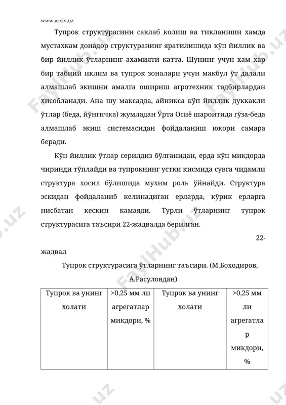 амли структуралар 3-5 йилгача, кумлок ва кумли тупрокларда эса бир йилгача агрегат холатини саклаб туради. ўрта осиё республикаларида хам сунъий структура яратиш ва тупрокнинг эрозияга чидамлилигини ошириш, ўсимликларнинг озик режимини яхшилаш максадида турли полимерлардан фойдаланиш борасида кўплаб тажрибалар олиб борилди (в.б.гуссак, к.п.паганяс). баъзи бир полимерларнинг препаратлари сугориладиган бўз тупроклар шароитида 0,25 мм дан катта агрегатлар микдорини 70-80 % гача кўпайтириши аникланган. ана шундай йўл билан хосил килинган сувга чидамли структуралар, тупрокнинг сув-физик хоссаларини, биологик жараёнларни ва умуман ўсимликларнинг озик режимларини яхшилайди. тупрокнинг сув ва шамол эрозиясига карши чидамлилигини бир неча баробар оширади. асосий адабиётлар: 1а. каримов и.а. кишлок хўжалиги тараккиёти – тўкин хаёт манбаи. биринчи чакирик ўзбекистон республикаси олий мажлиси x сессиясида сўзлаган нутки, т. ўзбекистон, 1998. 1б. абдуллаев х.а. ўзбекистон тупроклари. т., 1973. 2. м.баходиров, а.расулов. "тупрокшунослик" (махсус мухаррир и.бобохўжаев), тошкент. ўкитувчи.1975. 3. и.бобохўжаев. п.узоков, тупрокнинг таркиби, хоссалари ва анализи (тупрокшуносликдан амалий кўлланма) т.мехнат, 1990. 4. и.бобохўжаев. п.узоков. "тупрокшунослик" …