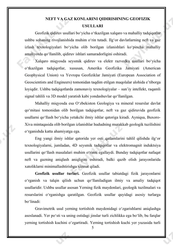 neft va gaz konlari ko‘pincha o‘ziga xos geologik strukturalarga ega. bu usul yordamida ularning joylashuvi va tuzilishini aniqlash mumkin. 4. rudali foydali qazilmalar: gravimetrik usul metall rudalarining joylashuvi va konlarning shaklini aniqlashda ishlatiladi, chunki ba’zi minerallar yuqori zichlikka ega. 5. vulkanik faoliyat va uning ta’siri: vulkanik faoliyat yerning tortishish kuchiga ta’sir qiladi, gravimetrik o‘lchovlar bu jarayonlarni o‘rganishda yordam beradi. gravimetrik usulning afzalliklari orasida uning katta hududlarni qamrab olish imkoniyati va past xarajatlar bilan o‘tkazilishi mumkinligi mavjud. bunda maydon o‘lchovlari keng hududlarni o‘z ichiga oladi, bu esa aniq va keng qamrovli geologik xaritalarni yaratishga imkon beradi. shuningdek, gravimetrik usulni qiyin yoki chegara hududlarida, masalan, dengiz bo‘ylarida yoki tog‘li mintaqalarda ham qo‘llash mumkin, bu yerda boshqa geofizik usullarni qo‘llash qiyin bo‘lishi mumkin. ammo, gravimetrik usulning cheklovlari ham bor. u faqat tortishish kuchining o‘zgarishlariga asoslanadi, ya’ni zichlikdagi farqlarni aniqlashga yordam beradi. bu usul boshqa geofizik usullar bilan birgalikda qo‘llanishi kerak, chunki faqat gravimetrik …