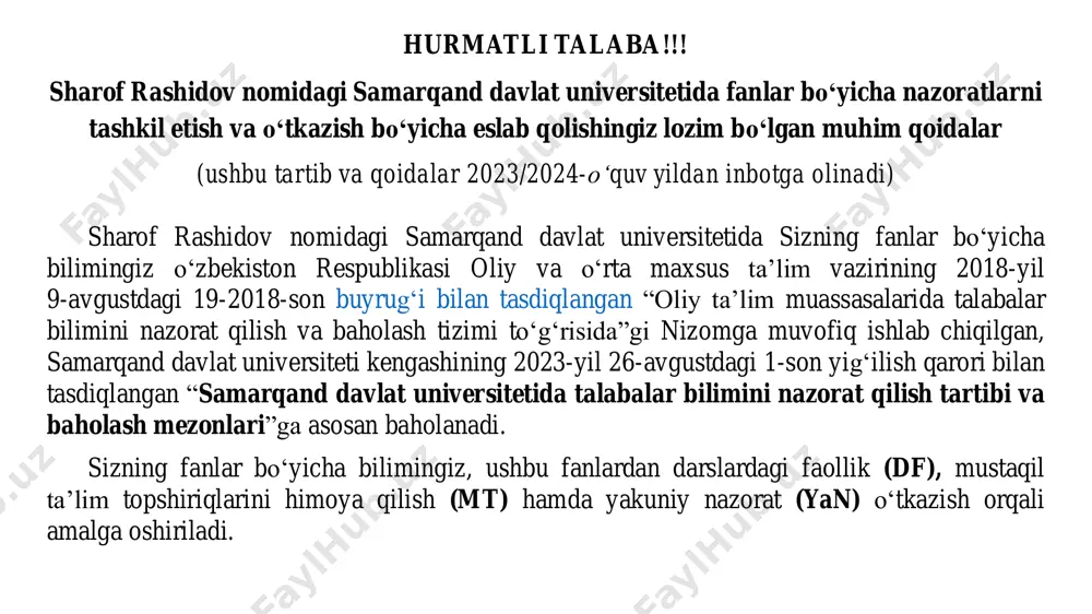 grafik bo‘yicha kafedra komissiyasida taqdimot (prezentasiya) shaklida himoya qilinadi. himoyada ma’ruza va amaliyot o‘qituvchilari bilan bir qatorda kafedradan yana kamida bir kishi (ekspert) ishtirok etadi. ekspert himoyagacha bajarilgan topshiriqning yozma bayonini (referat, konspekt, ma’ruza, maqola, amaliy topshiriqlar bajarilgan daftar, ijodiy ish namunalari va h.k.) ko‘rib chiqib, qisqacha xulosa (taqriz) beradi va talabaning mustaqil bilim olish bo‘yicha faoliyatini baholashda ushbu xulosa e’tiborga olinadi. talabaning mt yuqoridagilarni inobatga olib 0-5 ball bilan baholanadi. bunda, fanlardan df (mt)ni baholash natijalari fanlardan mos ravishda jn (on) shaklida rasmiylashtiriladi. talabaning df+mt dan ijobiy baholanishi, unga fandan yakuniy nazoratda qatnashish imkoniyatini beradi. talabaning fandan о‘zlashtirish kо‘rsatkichini faqatgina yan natijalari belgilaydi. ➢ yan – yozma ish, yozma-og‘zaki yoki test shaklida o‘tkaziladigan. ➢ yakuniy nazoratlar bakalavriaturaning kunduzgi va kechki ta’lim shakli talabalariga talabalar nazoratlarini tashkil etish va o‘tkazish bo‘limida, magistratura talabalariga magistratura bo‘limida o‘tkaziladi. nazorat jarayoni va ishlarni tekshirishda mashg‘ulot olib borgan professor-o‘qituvchilar ishtirok etmaydi. ➢ yozma ish …