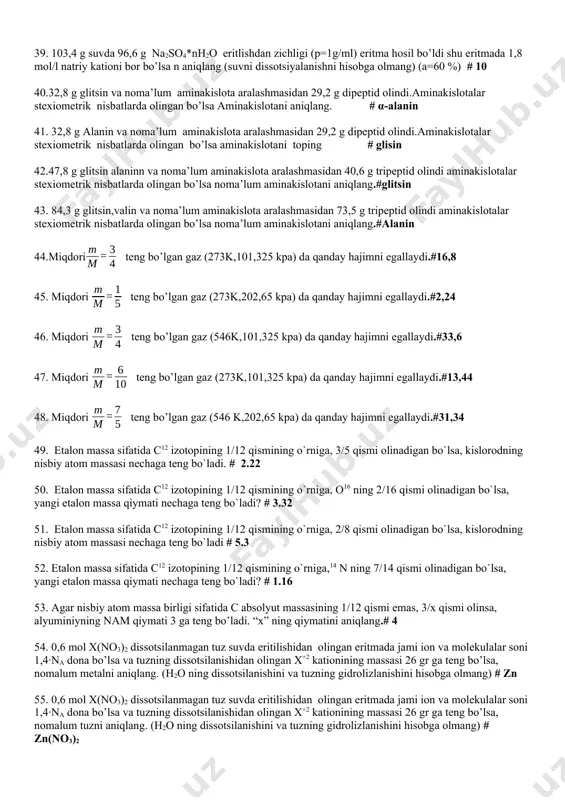 iqlang. a) hj b) hcl c) hf d) hbr 27. titr konsentratsiyasi 87,6 mg/ml bo’lgan vodorod galogenidni molyar konsentratsiyasi 2,4 m ga teng bo’lsa, vodorod galogenidni aniqlang. a) hj b) hcl c) hf d) hbr 28. titr konsentratsiyasi 46 mg/ml bo’lgan vodorod galogenidni molyar konsentratsiyasi 2,3 m ga teng bo’lsa, vodorod galogenidni aniqlang. a) hj b) hcl c) hf d) hbr 29.18*na ta kislorod atomlari bo’lgan naoh eritmasi 368 g keladi. unga x g hcl eritmasi qo’shildi.hosil bo’lgan eritmada 33*na kislorod va 65*na vodorod atomi bo’lsa hosil bo’lgan eritma massasini aniqlang.# 674,5 30. 18*na ta kislorod atomlari bo’lgan naoh eritmasi 368 g keladi. unga x g hcl eritmasi qo’shildi.hosil bo’lgan eritmada 33*na kislorod va 65*na vodorod atomi bo’lsa hosil bo’lgan eritmadagi tuzning massasini aniqlang.# 58,5 31. 18*na ta kislorod atomlari bo’lgan naoh eritmasi 368 g keladi. unga x g hcl eritmasi qo’shildi.hosil bo’lgan eritmada 33*na kislorod va 65*na vodorod atomi …