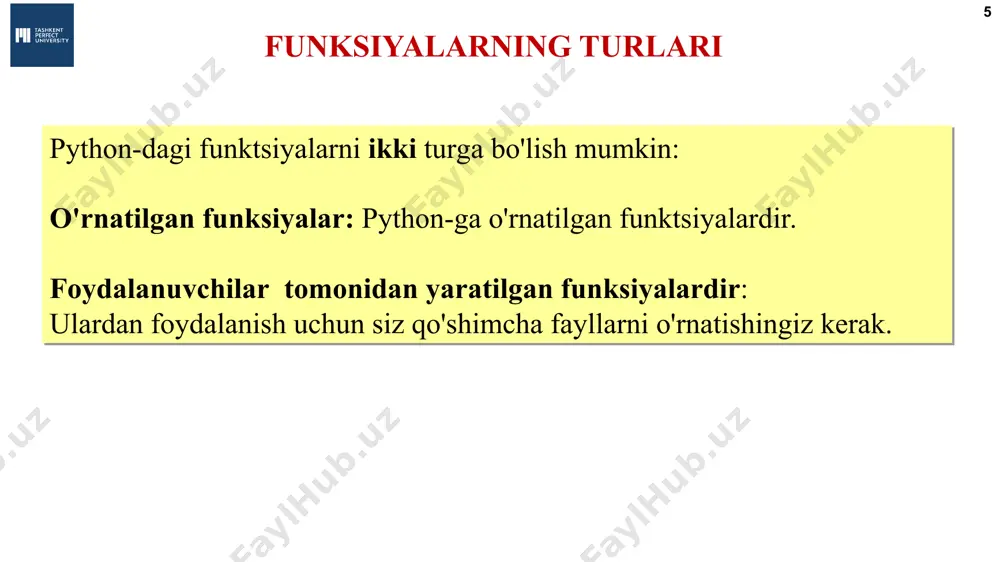 'xtatish va undan qandaydur ma’lumotni olib chiqish uchun mo’ljallangan. natija алгоритмы и программирование, язык python, 10 класс  к.ю. поляков, е.а. ерёмин, 2018 http://kpolyakov.spb.ru * funksiya bir qatorda bo’lishi mumkin : funksiya ichma ich bo’lishi mumkin : return operatori алгоритмы и программирование, язык python, 10 класс  к.ю. поляков, е.а. ерёмин, 2018 http://kpolyakov.spb.ru argumentlarni funksiyaga o'tkazish * argument bu funksiya chaqirilganda funksiyaga uzatiladigan har qanday ma’lumotlar qismidir. parametr funksiyaga uzatilgan argumentni qabul qiluvchi o‘zgaruvchidir. funksiyaga yuborilgan ma'lumotlar bo'laklari argumentlar deb ataladi. funksiya o'z argumentlaridan hisob-kitoblarda yoki boshqa operatsiyalarda foydalanishi mumkin. agar funksiya chaqirilganda argumentlarni qabul qilishni istasangiz, u holda funksiyani bir yoki bir nechta parametr o'zgaruvchilari bilan to’ldirilishi kerak. ko'pincha oddiygina parametr deb ataladigan parametrik o'zgaruvchi, funksiya chaqirilganda argument qiymatini tayinlaydigan maxsus o'zgaruvchidir. алгоритмы и программирование, язык python, 10 класс  к.ю. поляков, е.а. ерёмин, 2018 http://kpolyakov.spb.ru argumentlarni funksiyaga o'tkazish * natija алгоритмы и программирование, язык python, 10 класс  …