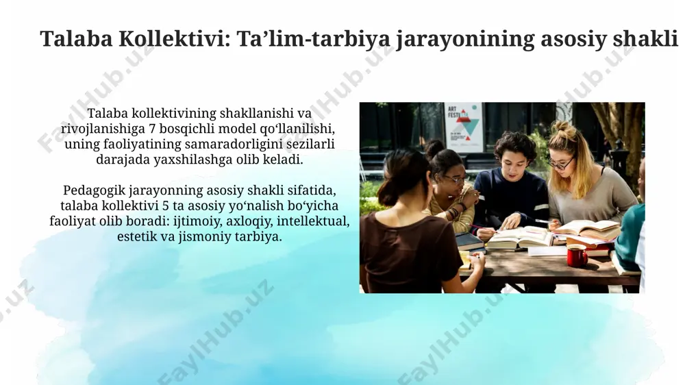 asini samarali boshqarish uchun 3 dan 5 gacha kichik guruhlarga boʻlish va har bir guruhga rahbar tayinlash, ularning faoliyatini muntazam baholash samarali hisoblanadi. kollektivning psixologik iqlimini shakllantirish kollektivning psixologik iqlimini shakllantirishda 5-10% ni o‘qituvchining shaxsiy munosabati, 30-40% ni o‘quvchilarning o‘zaro munosabatlari va 50-60% ni esa o‘quv muhitining tashkil etilishi belgilaydi. samimiy va ochiq muloqotni rag‘batlantirish, 2-3 ta kichik guruhlarga bo‘lish orqali o‘quvchilar o‘rtasida hamkorlikni kuchaytirish psixologik iqlimni yaxshilashga yordam beradi. kollektivning ta’lim jarayonidagi roli kollektiv baholash tizimi, ya'ni tengdoshlar tomonidan baholash, o'quvchilarning o'z-o'zini baholash va o'zaro yordam ko'rsatish qobiliyatlarini rivojlantirishga yordam beradi va 15% gacha darsga bo'lgan qiziqishni oshiradi. ta'limning samaradorligini 20-25% ga oshirishda kollektiv muhokama va hamkorlikdagi topshiriqlar muhim vosita hisoblanadi, bu o'quvchilarning fikrlash qobiliyatini yanada chuqurlashtiradi. kollektiv o’zini o’zi boshqarish oʻquv jarayonida oʻzini oʻzi boshqarishning 70% muvaffaqiyati talabalar oʻrtasidagi ishlarni taqsimlash va oʻzaro hamkorlikning samarali tashkil etilishiga bogʻliq. kollektiv oʻzini oʻzi boshqarish jarayonida 3-5 kishilik kichik guruhlarga boʻlinish, …