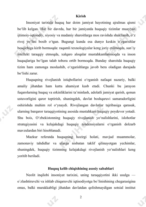 tsial institut bо`lmish huquqning kelib chiqishini о`rganish uchun ham muhim metodologik asosdir. agar davlatning kelib chiqishi jarayonini о`rganishda ibtidoiy jamiyatdagi tashkiliy va sotsial tuzilmalarni о`rganishga asosiy e`tibor bsrilgan bо`lsa, huquqning kelib chiqishini о`rganishda ibtidoiy jamiyatdagi ijtimoiy munosabatlarni tartibga solish usullariga e`tibor berish lozim. shu munosabat bilan bir necha tabiiy savollar tug`iladi. inson va uning turli uyushmalari ypyg`, jamoa, aymoq va shunga о`xshashlarning hatti-harakatlarini nima belgilab bergan, qanday k;ilib ta`minlagan? huquq eng qudratli sotsial tartibga solish vositasining biri bо`lganmi yoki u kishilik jamiyati taraqqiyotining ma`lum bosqichida kelib chiqqanmi? davlat kelib chiqqunga qadar va davlat tashkil topgandan keyingi jamiyatlardagi ijtimoiy munosabatlarni tartibga solish tizimi bir-biridan nima bilan farqlanadi? huquqning kelib chiqish sabablari va mohiyatini hal qilish davlat va huquq nazariyasining eng asosiy masalalaridandir. sovet davrida chiqqan davlat va huquq nazariyasiga oid darsliklarda hukukning kelib chiqishi masalasi davlatning paydo bо`lishi bilan bog`liq ravishda kо`rib chiqilgan. bunda sinfiy hamiyat a`zolari hatti-harakatini, xususiy mulkni himoya …