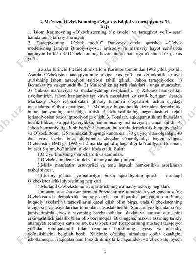 o'zbekistonning o'ziga xos istiqlol va taraqqiyot yo'li — DOC