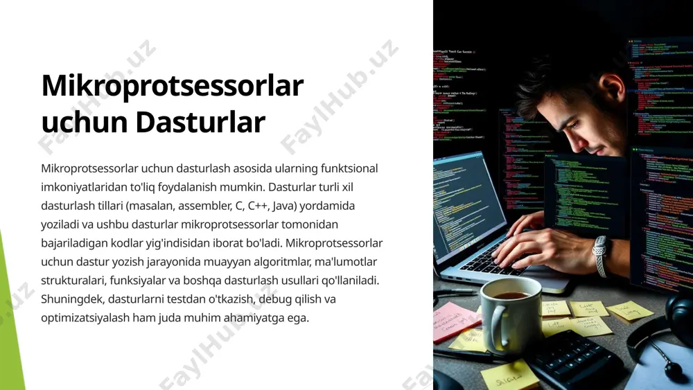 ayev e. mikroprotsessorlar va mikroehm asoslari. o’quv qo’llanma. –t.:tdtu, 2012 digital design and camputer architekture, by david harris, sarah harris. 2013. isbn-13: 978-0123944245. xoliqov a.a. raqamli sxematexnika. o‘quv qollanma. t.; yangi nashr, 2017, 216 b. ugryumov e.p. raqamli sxema. sank-peterburg, bhv 2007. – 800 b. xulosa mikroprotsesorlar turli sohalarda, ayniqsa yuqori tezlik, samaradorlik va aniqlik talab etadigan operatsiyalarda keng qo’llanilmoqda. mikroprotsserli tizmlarning kelajagi innovatsiyalar bilan bog’liq bo’lib ysngi imkoniyatlar yaratadi, bu esa muhandislik va texnologiya sohalarida yangi imkoniyatlarni ochadi. o’zbekistonda mikroprotsessorli tizimlarning rivojlanishi iqtisodiy o’shishga va texnologik taraqqiyotga kata hissa qo’shadi bu esa mamlakatni glabal raqobatga tayyorlaydi. image1.png image2.png image3.png image4.png image5.png image6.png
