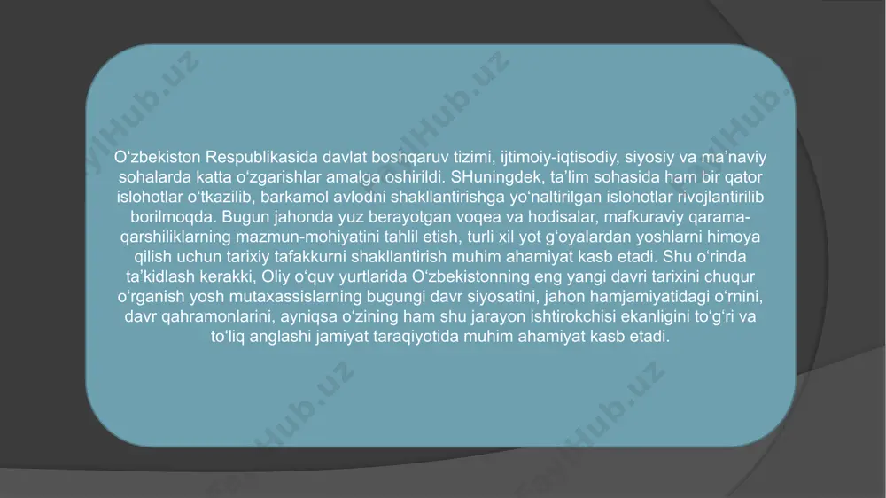 uassasalari olib borayotgan asosiy, amaliy va innovatsion tadqiqotlarga katta e’tibor qaratadi. bugungi kunda yuqori bilimni talab qiluvchi mahsulotlar va ilmiy-tekshirish muassasalari xizmatlarini keng targ‘ib qilish, muhim amaliy ilmiy natijalardan foydalanishning yangi yо‘llari aniqlanib, hayotga tatbiq qilinmoqda, о‘zbekiston respublikasi fanlar akademiyasi ilmiy bо‘limlari faoliyati takomillashtirilmoqda. foydalanilgan adabiyotlar. 1. ergashev b. manbashunoslik va tarixshunoslik. darslik. samdu tahririy- nashriyot bo'limi. - samarqand.: 2021. 2. madraimov a., fuzailova u. tarixiy manbashunoslik. o'quv qo'llanma. -t.: fan. 2010. 3, ahmedov b. o'zbekiston tarixi manbalari (qadimgi zamon va o'rta asrlar). - t. fan. 2011. image1.png image2.png image3.png image4.png image5.png image6.png image7.png image8.png image9.png /docprops/thumbnail.jpeg