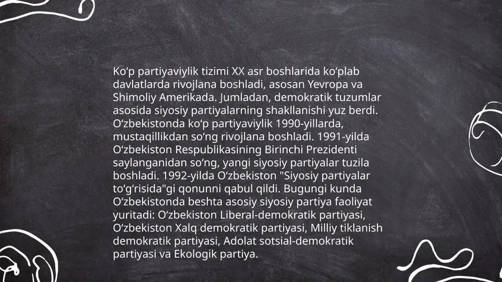 rtiyaviylik tizimi jamoatchilik fikriga ijobiy taʼsir koʻrsatar ekan. masalan, skandinav davlatlarida koʻp partiyali saylov tizimi tufayli fuqarolarning 70% dan ortigʻi siyosiy jarayonlarga ishonch koʻrsatadi. birlashgan millatlar tashkiloti maʼlumotlariga koʻra, koʻp partiyaviylik 30 dan ortiq mamlakatlarda siyosiy barqarorlikka hissa qoʻshadi, bu esa ijtimoiy hamjihatlikka olib keladi. dunyo boʻylab 60% dan ortiq mamlakatlar koʻp partiyali tizimni qabul qilgan. oʻzbekistonda koʻp partiyaviylik tizimining qaror topishi va unin tasnifi sharipov laziz e'tiboringiz uchun raxmat! image1.png image2.png image3.png image4.jfif image5.png image6.png image7.jfif /docprops/thumbnail.jpeg