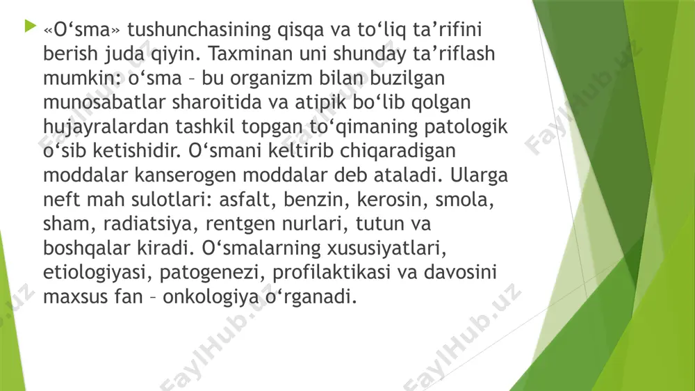 in pardasi, plevra, miya pardalari orqali va nervlar hamda perinevriy pardasi bo‘ylab ham ro‘y berishi mumkin. o‘smalarning tasniflanishi o‘smalarning tasniflanishi ularning u yoki bu to‘qimalardan kelib chiqishiga asoslangan. har bir guruhda xavfsiz va xavfli turlar tafovut qilinadi xavfli o‘smalarga anaplaziyasi ro‘y-rost ifodalangan yetilmagan hujayralardan tuzilgan o‘smalar kiradi. ular a’zolarni infiltrlab va yemirib tez o‘sadi, metastazlar hamda retsidivlar beradi va kaxeksiyaga sabab bo‘ladi. bemorni ahvoli tez og‘irlashadi, sochlari to‘kiladi, milk, burun qonaydi. xavfsiz o‘smalar sekin o‘sadi, metastaz va retsedivlar bermaydi, ishtahasi yoqolmaydi, kaxeksiya rivojlanmaydi, odam ancha uzoq yashay di, ammo ular xavfli o‘smalarga aylanishi mumkin. o‘smalar tasniflanishi gistoginetik prinsipda tuzilgan va o‘sma to‘qimasi hamda hujayralarning yetilganlik darajasiga asoslangandir rak – xavfli o‘smaning eng ko‘p uchraydigan shakli bo‘lib, u barcha xavfli o‘smalarning 85 %ini tashkil qiladi. barcha mamlakatlar da rakdan o‘lim ba’zi bir o‘zgarishlar bilan katta yoshdagi aholi o‘li mining 10 %ni tashkil etadi. rak epiteliy to‘qima bo‘lgan har qanday a’zoda paydo …