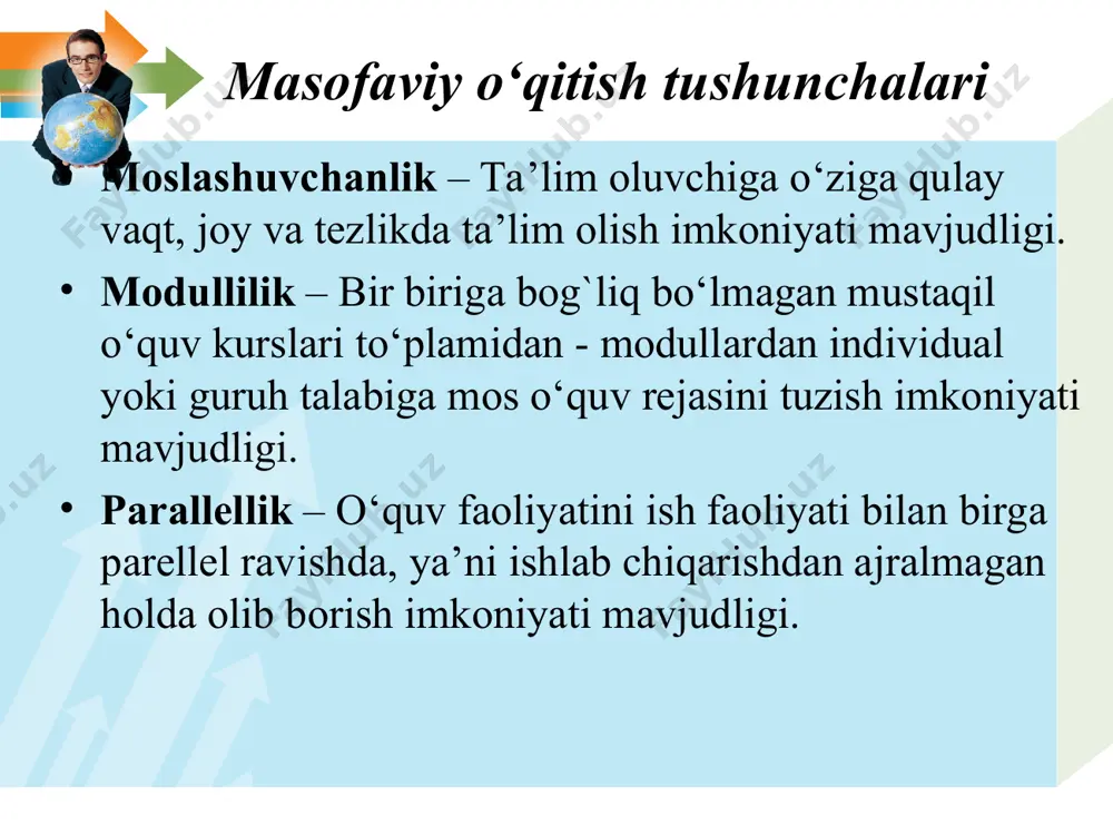 model. ta'lim muassasasida o'qish ham kunduzgi ta'limda, ham qisman kunduzgi va qisman masofaviy ta'limda olib boriladi. har ikkalasida dars jadvali va o'qitish dasturi bir xil. ta'lim oluvchilar uchun nazorat bir xil kriteriya asosida baholanadi. ta'lim muassasasida qo'llaniladigan masofaviy o'qitishning bu ikkilamchi modeli hamma vaqt ham foydali bo'lavermaydi, chunonchi o'qitishning asosiy qismi ta'lim oluvchilar tomonidan qoplanadi. bu modeldan avstraliya universitetlarida foydalanib kelinmoqda (http:// www.une.edu.au). aralashgan model. bu model masofaviy o'qitishning turli shakllarini qamrab oladi, to'g'rirog'i turli masalalar integratsiyasi, masalan, ta'lim oluvchilar o'quv materialining ma'lum bir qismini masofaviy o'qitish bilan ketma-ket, boshqa qismini parallel ravishda kunduzgi bevosita o'qitish orqali oladilar. o'qitishning bu integratsiya shakllaridan massey va yangi zelandiya universitetlarida foydalanilmoqda (http://massey.ac.nz). konsortsium ushbu model ikkita ta'lim muassasasining o'zaro aloqasida olib boriladi, ya'ni o'quv materiallarini ishlab chiqarish va ularni masofaviy o'qitishda ayrim funktsiyalarni o'zaro bo'lib olishga asoslanadi. birinchi muassasa masofaviy o'qitish uchun o'quv materiallarini ishlab chiqish bilan shug'ullansa, ikkinchi muassasa virtual o'quv guruhlarini …