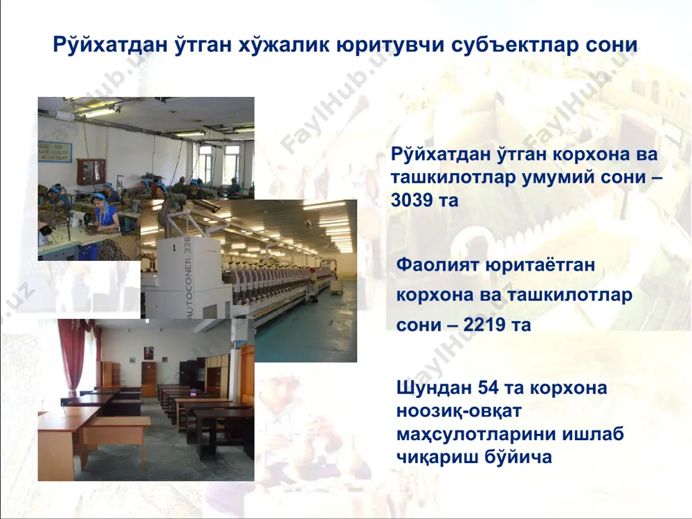 қариш яратилган иш ўринлари – 45 та «ҳазорасп нур» мчж лойиҳа қуввати – йилига 2,5 минг тонна мих ишлаб чиқариш яратилган иш ўринлари – 14 та «хазорасп шифер» мчж лойиҳа қуввати – суткасига ________ минг дона металлочерепица ва ________ минг дона шифер ишлаб чикариш яратилган иш ўринлари – __ та «иброхим безчи» хусусий корхонаси лойиҳа қуввати – суткасига ________ минг дона металлочерепица ва ________ минг дона шифер ишлаб чикариш яратилган иш ўринлари – __ та «илхомбой аркаев тўқимачи» хусусий корхонаси лойиҳа қуввати – суткасига ________ минг дона металлочерепица ва ________ минг дона шифер ишлаб чикариш яратилган иш ўринлари – __ та «hazorasp-textil» мчж лойиҳа қуввати – суткасига ________ минг дона металлочерепица ва ________ минг дона шифер ишлаб чикариш яратилган иш ўринлари – __ та «хазорасп ширт» хусусий ишлаб чиқариш савдо фирмаси лойиҳа қуввати – йилига 2500 дона эркаклар кўйлаги ишлаб чиқариш яратилган иш ўринлари – 4 та «hazorasp-textil» мчж лойиҳа …