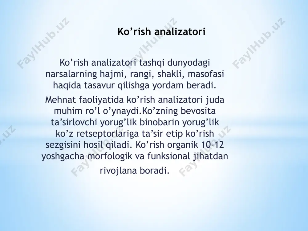 ashkil etadi. no’g’ora parda fibroz to’qimadan tuzulgan, elastik, u tovushni o’rta quloqqa o’tkazadi. orta quloq no’g’ora bo’shlig’idan eshitish suyakchalaridan va yevstaxy nayidan iborat bo’lib maxsus kanal yoradamida burun halqumga tushadi. qulog’ning tuzilishi 1 quloq suprasi. 2 tashqi eshituv yo’li. 3 quloqning nog’ora pardasi. 4 eshituv suyaklari. 5 ichki quloq. tovush tebranishi havo to’lqinlari nog’ora pardaga ta’siri natijasida quloq eshitadi. havoning tebranishi tashqi eshitish yo’li orqali no’g’ora pardani tebratadi. odam qulog’inig muayyan chegarasi bo’lib sekundiga 14 martadan to 2000 martagacha tebranishdagi tovushlarni sezadi. yosh ulg’ayishi bilan quloqning tovush sezish chegarasi kamayib boradi. odam qulog’i 1000 dan 4000 gacha gersdagi tovush to’lqinlarini sezadi.bola tug’ilishi bilan eshitish analizatori ishlay boshlaydi. eshitish analizatorining funksional rivijlanishi 6-7 yoshgacha davom etadi. 14-15 yoshda eshitish sezgirligi juda susayadi, so’ngra orta boradi. spdp 314 mulladjanova mohinur eitibotingiz uchun raxmat image1.png image2.png image3.png /docprops/thumbnail.jpeg