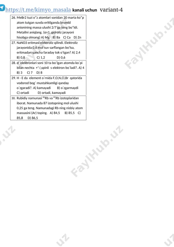’tkazishga yetgan bo’lsa, suyuq holatdagi ushbu karbon kislota va uning propil efiri molekulyar massalari qanday nisbatda bo’ladi-?a) 5,2 : 2 b) 3,65 : 2 c) 4,8 : 3 d) 4,25 : 3 14. zn(no3)2ning 18,9%li eritmasi elektroliz qilinganda anoddan 33,2 gr gaz ajralgan. agarda katod massasi 13 gr.ga ortgan bo`lsa, hosil bo`lgan eritmadagi yagona elektrolitning c%ni aniqlang. a) 16,8 % b) 13,7% c) 8,4 % d) 13,47% 15. tarkibi h2so4 • 0,2so3 bo`lgan oleum va 15 gr. suv o`zaro reaksiyaga kirg’izildi. bunda ortib qolgan suv reaksiyaga kirishgan suvdan 3 gr.ga kam bo`lsa, yangi hosil bo`lgan eritma molyal konsentratsiyani toping. a) 250 b) 500 c) 1000 d) 100 16. odam organizimidagi qon va limfalarning yog`larini emul- siyalovchi sifatida … , ichaklardagi yog`larni … ishtirok etadi. ushbu jumladagi tushib qoldirilgan so`zlarni ko’rsating. a) qon oqsili, o`t va alifatik kislota tuzlari b) fermentlar, lipaza c) yog`lar emulsiya holatida organizmda uchramaydi d) kaolessensik fermentlar …