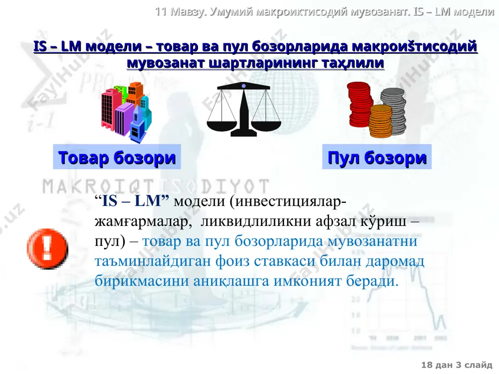 m r2 r1 y1 y2 is1 is2 18 дан * слайд 11 мавзу. умумий макроиктисодий мувозанат. is – lm модели ёпиš иšтисодиётда œзгарувчан нархлар шароитида даромад ва фоиз ставкасининг œзгаришига макроиšтисодий сиёсатнинг таъсир этиши (ўзоš муддатли даврда) сиёсатнинг йœналиши нархлар даромад (ишлаб чиšаришнинг потенциал ҳ�ажми) фоиз ставкаси рағ�батлантирувчи бюджет-солиš сиёсати = ра�ғбатлантирувчи пул-кредит сиёсати = = 18 дан * слайд 11 мавзу. умумий макроиктисодий мувозанат. is – lm модели is-lm модел фоиз ставкаси r даромад даражаси y мувозанатли даражасини белгилайди 18 дан * слайд 11 мавзу. умумий макроиктисодий мувозанат. is – lm модели 18 дан * слайд 11 мавзу. умумий макроиктисодий мувозанат. is – lm модели nazorat va muhokama uchun savollar 1. is-lm modeli qanday maqsadga xizmat qiladi va unga ehtiyojni qanday asoslab berish mumkin? 2. is-lm modelining asosi bo’lgan tenglamalarni sanab bering va ularga tavsif bering. 3. is egri chizig’ining mohiyati nimada va qanday keltirib chiqariladi? 4. lm egri …